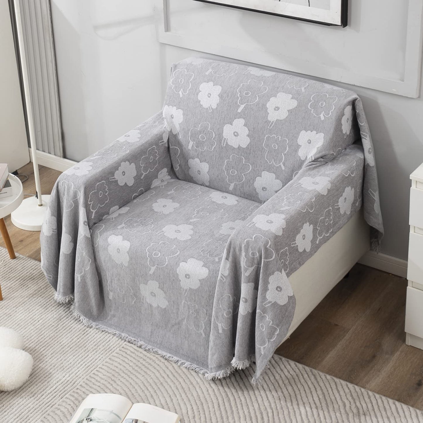 Grey Floral Chenille Sofa Throw | Thick & Soft for 1/2/3 Seater
