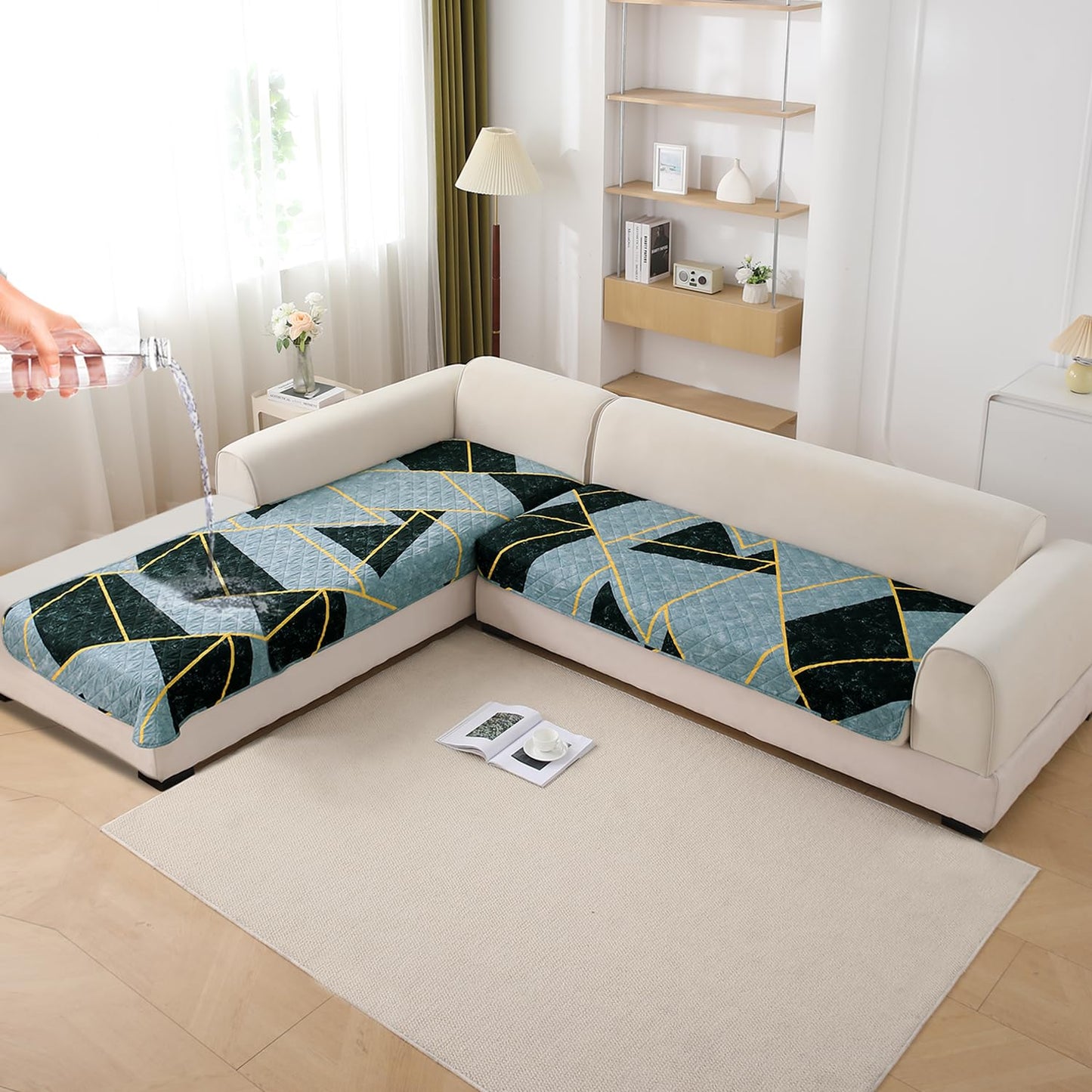 Waterproof Printed Quilted Quick Dry L Shape Sofa Seat Cover Mat, Multicolor Abstract Geometry