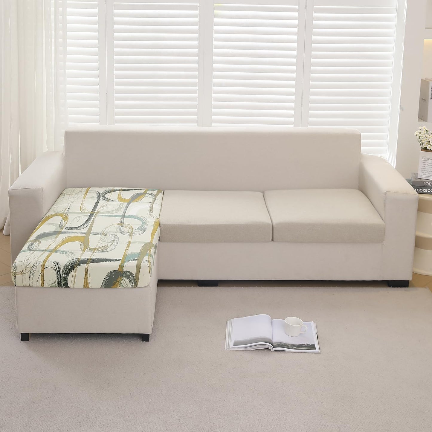140 GSM Stretchable Printed Elastic Sofa Cushion Seat Cover for 1 /2 /3 Seaters / Pieces for Sofa, Parchement Beige Abstract Art