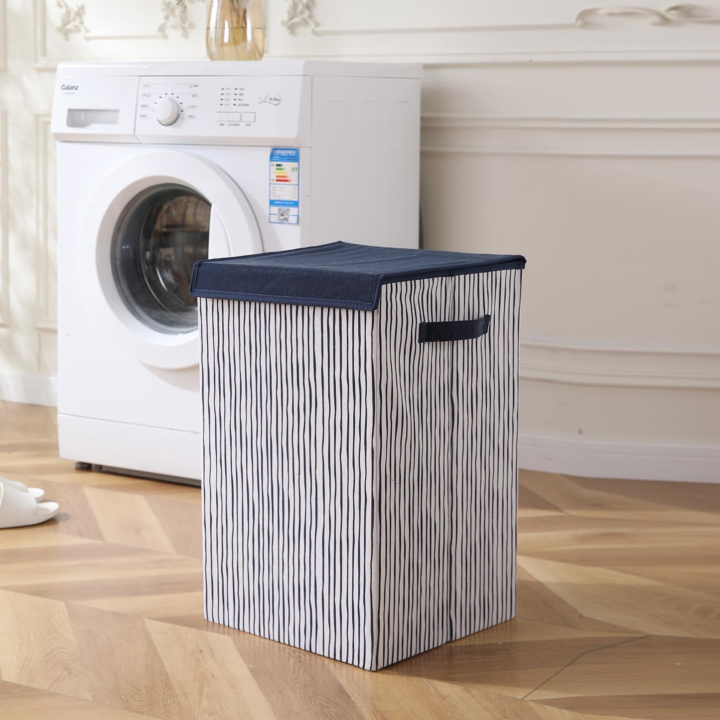 Foldable Laundry Basket for Clothes with Lid, Stripes