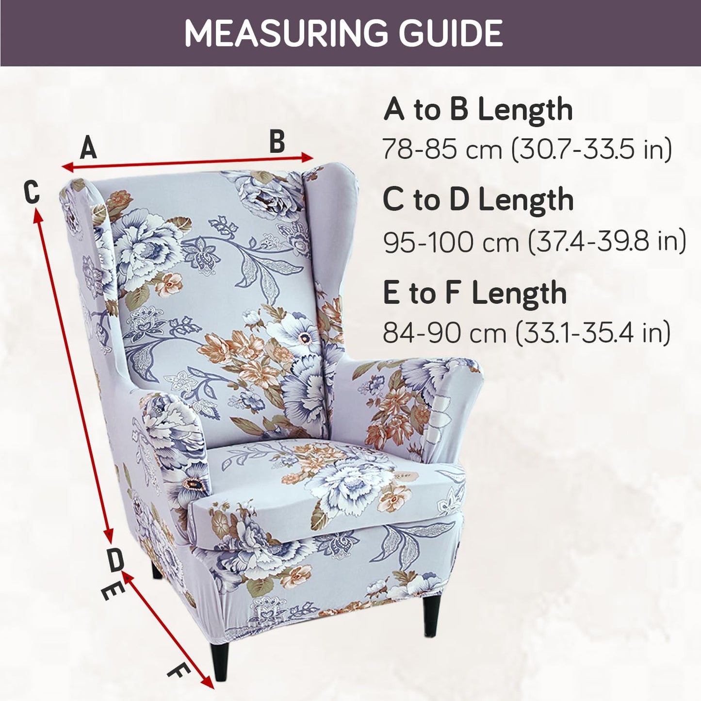 Gentle Grey Dahlia Stretchable Chair Cover for Wingback Chair size guide