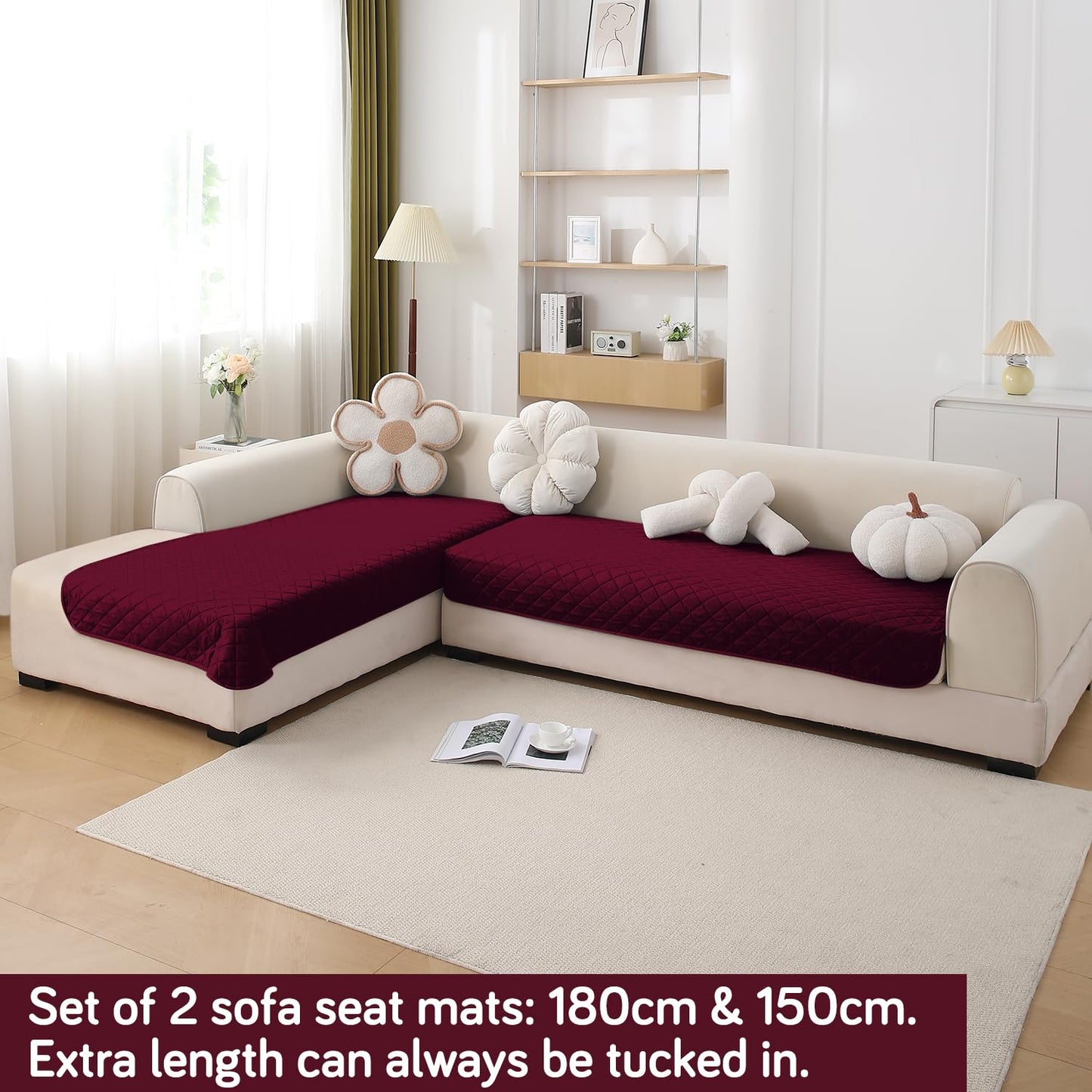 HOKIPO Waterproof Quilted Quick Dry L Shape Sofa Seat Cover Mat, Burgundy