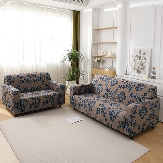 Light Coffee Lotus Damask Printed Stretchable Sofa Cover