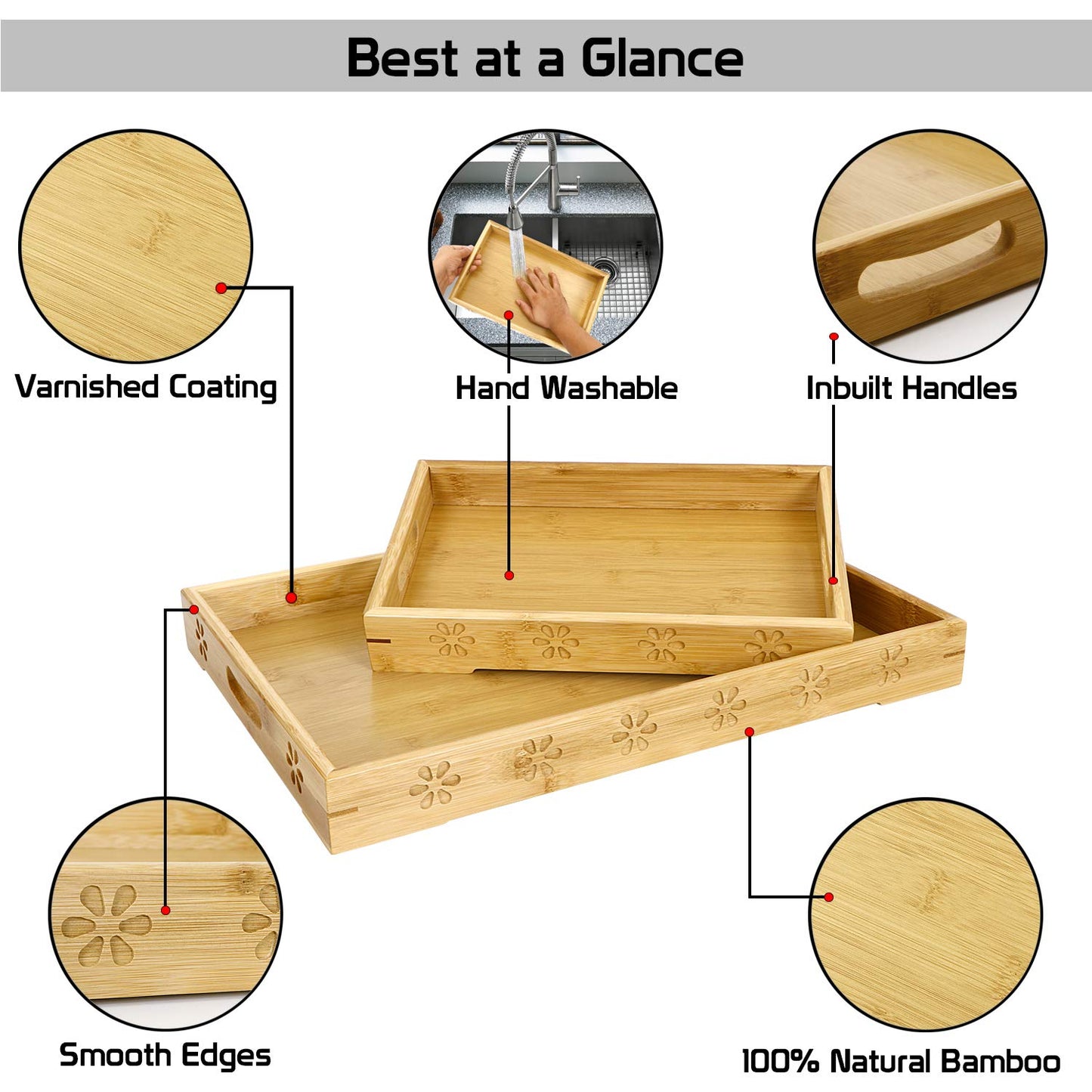 Wooden Bamboo Dining Kitchen Serving Tray with Handles, Set of 2