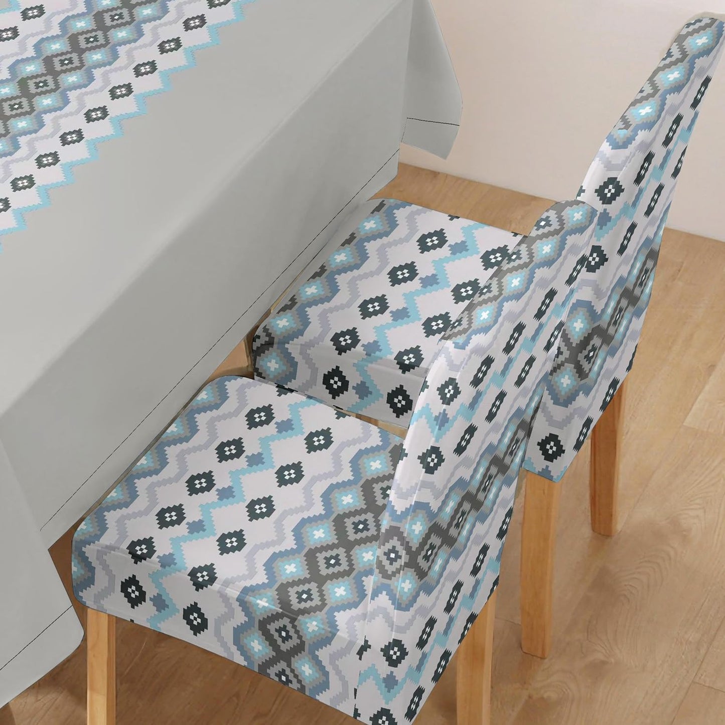 Polyester Dining Chair Covers Set of 4/6 with Matching Tablecloth, Mosaic Blissful Blue