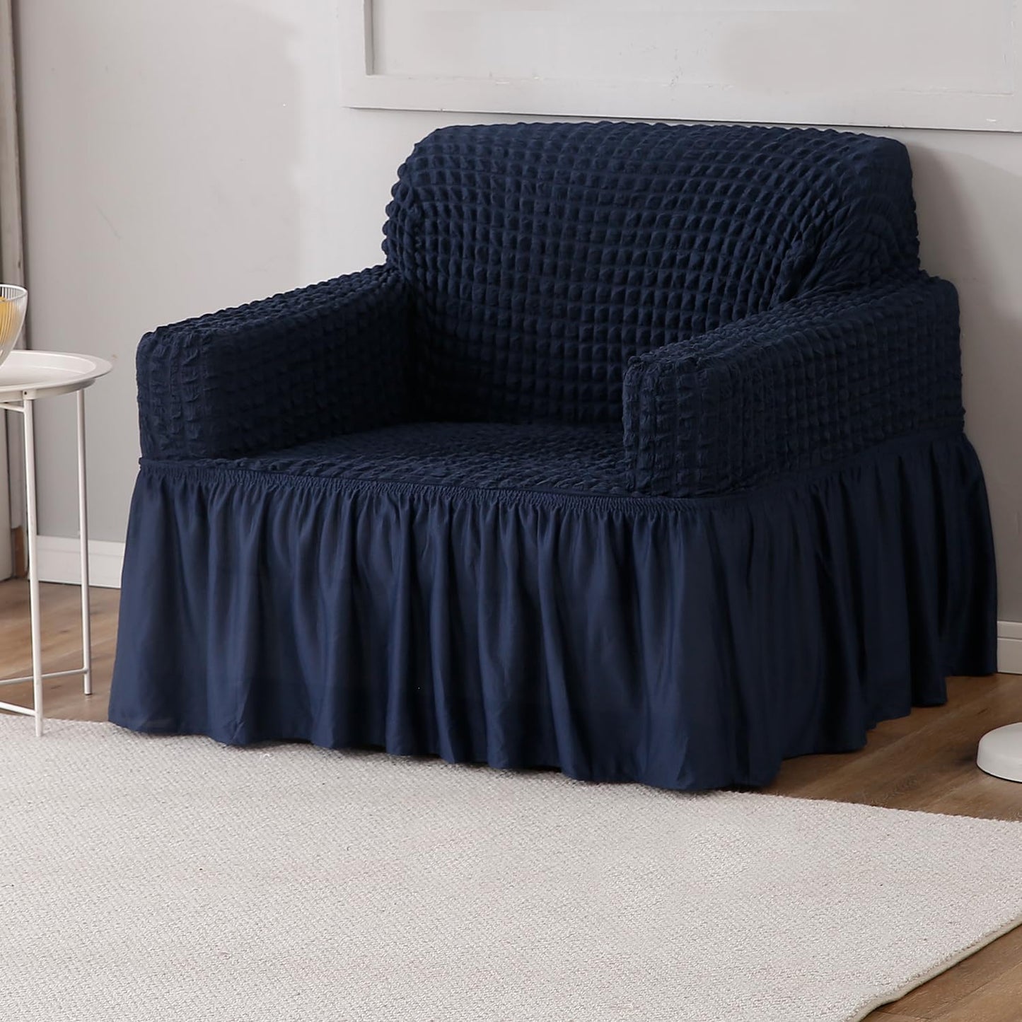 Navy Blue 1 Seater Elastic Turkish Bubble Frilled sofa cover set