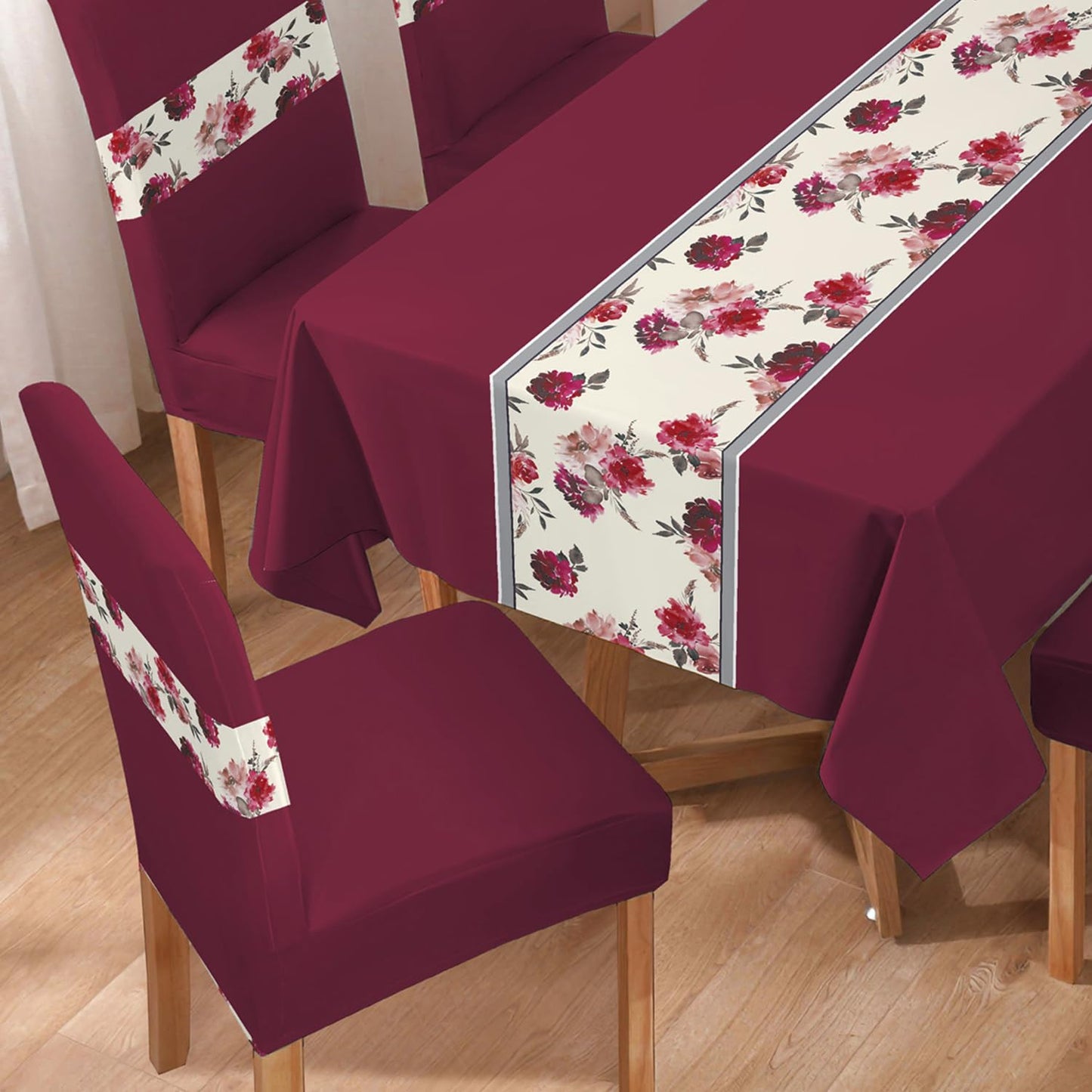 Polyester Dining Chair Covers Set of 4/6 with Matching Tablecloth, Floral Wine