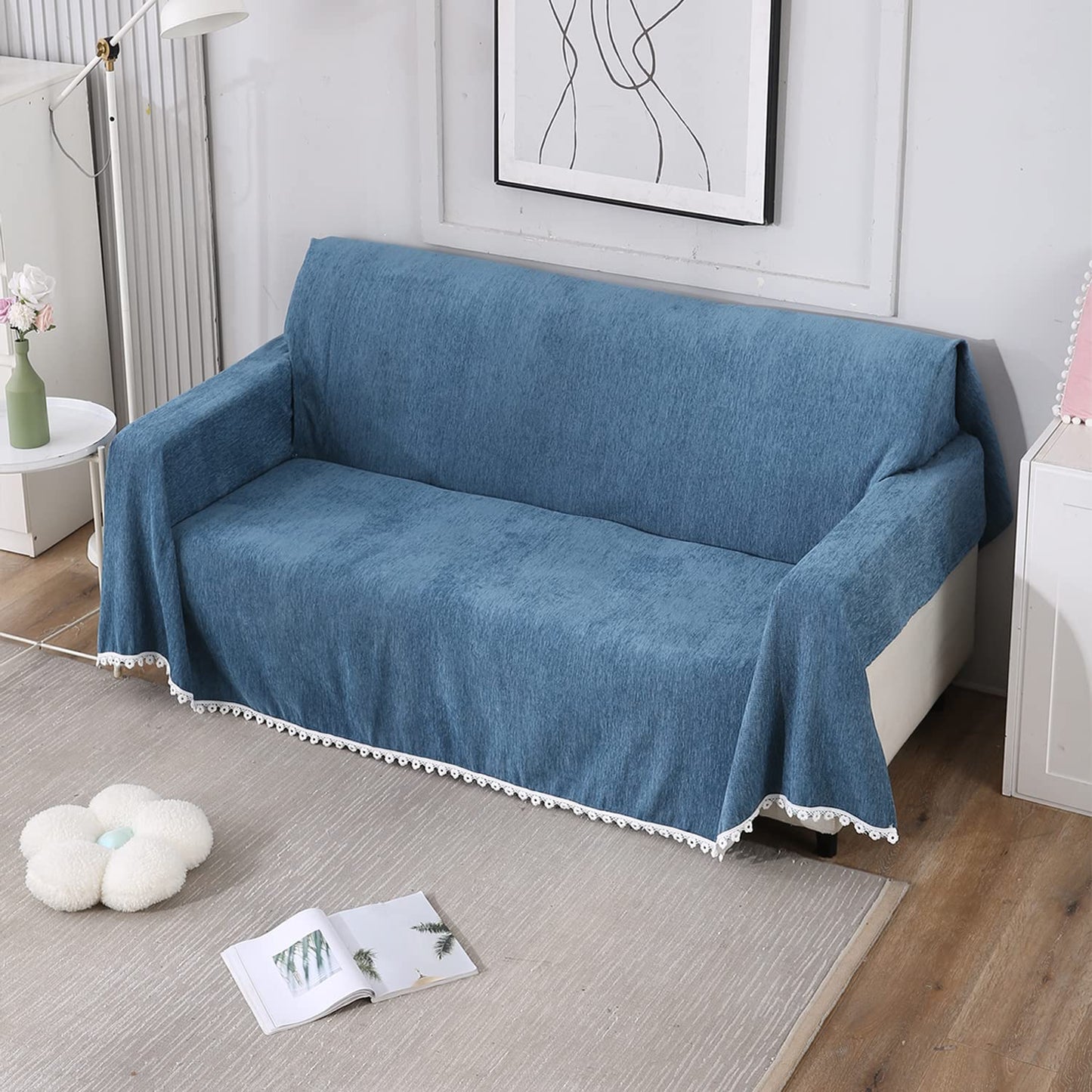 Blue chenille sofa throws, machine washable, & available for 1, 2, 3 seater sofas