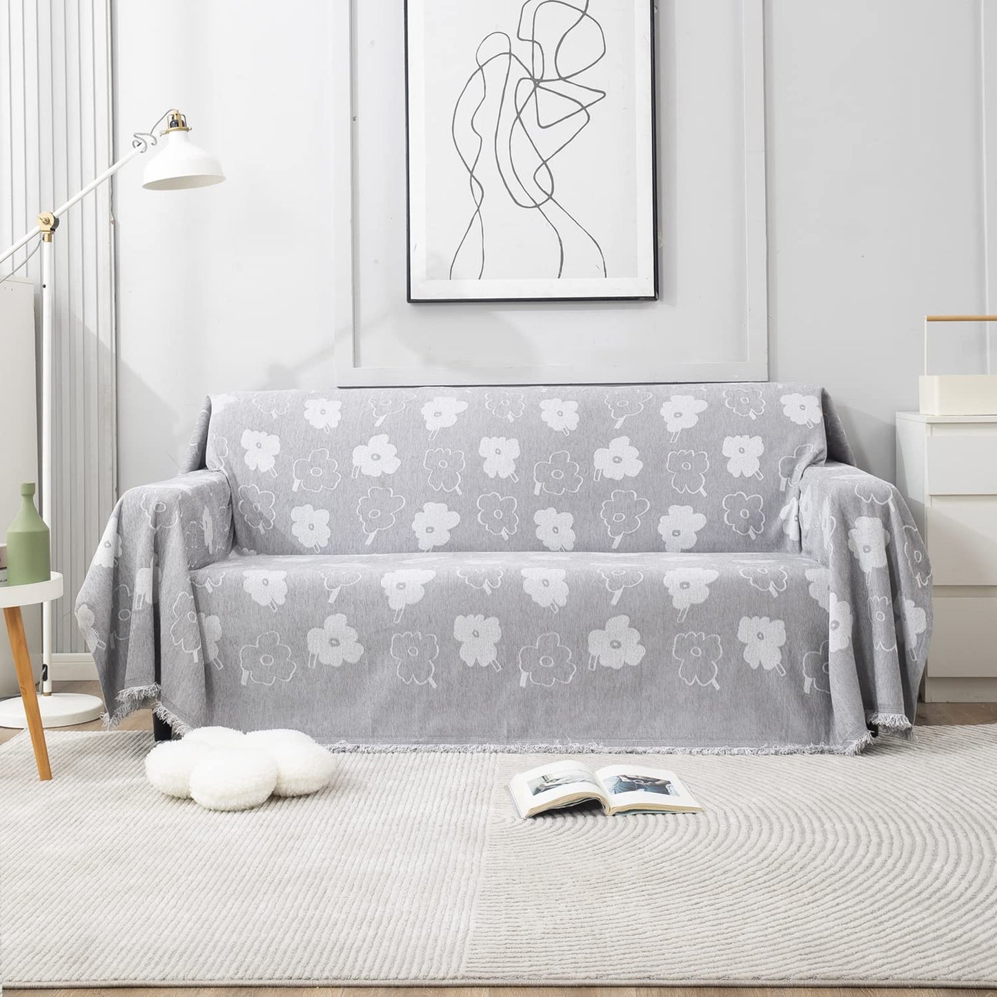 Grey Floral Chenille Sofa Throw | Thick & Soft for 1/2/3 Seater