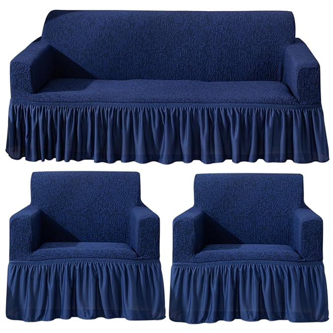 Navy Blue premium elastic designer woven jacquard frill sofa cover 3 1 1