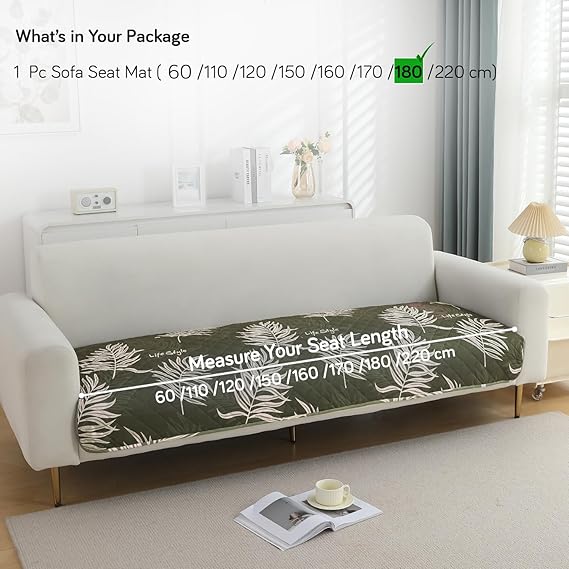 Quilted, Waterproof and Anti-Slip Sofa Cover Mat, Palm Leaves Olive