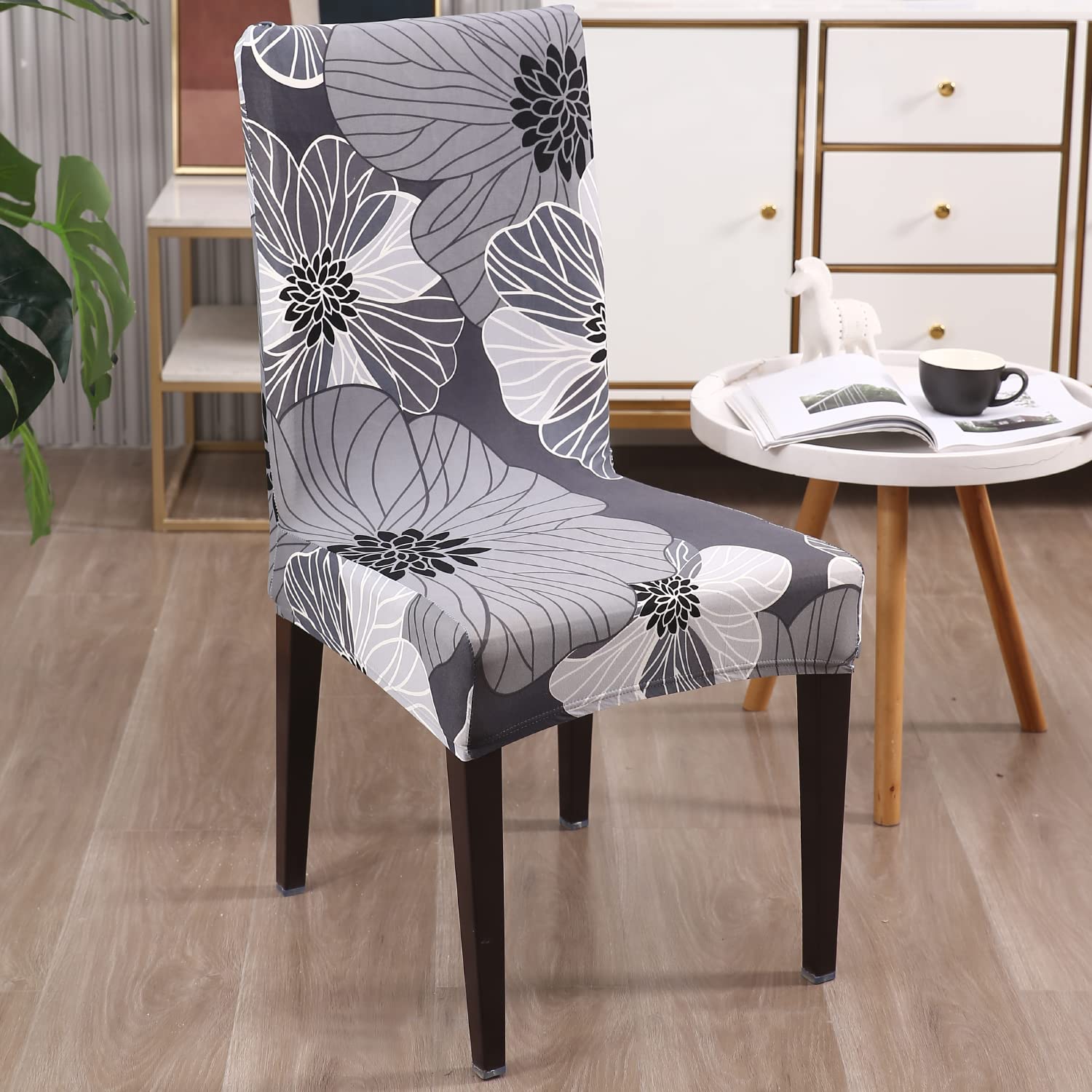 Grey Hibiscus print Fully fitted dining chair cover set | Hokipo