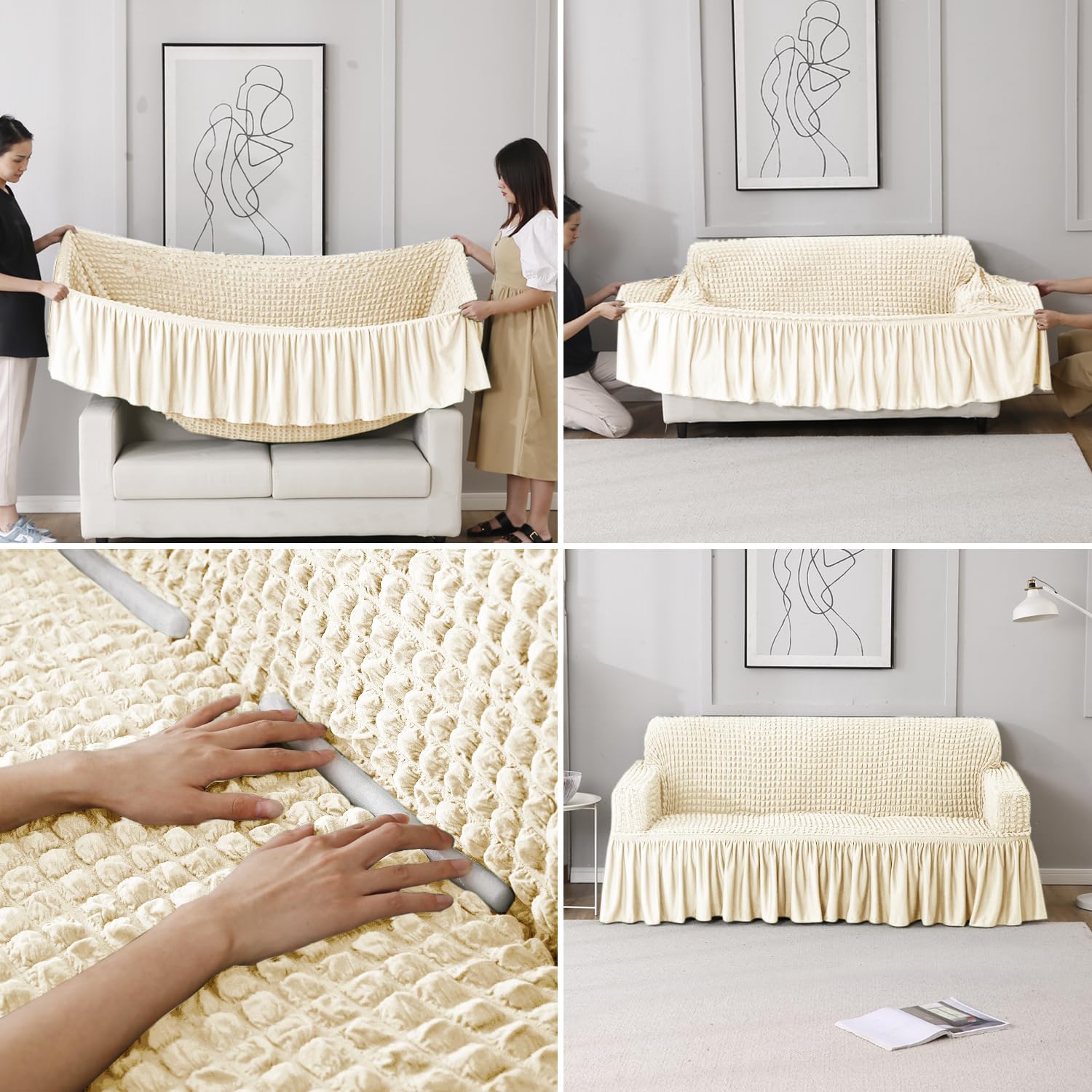 How to put Cream stretchable Turkish Bubble frill sofa cover guide