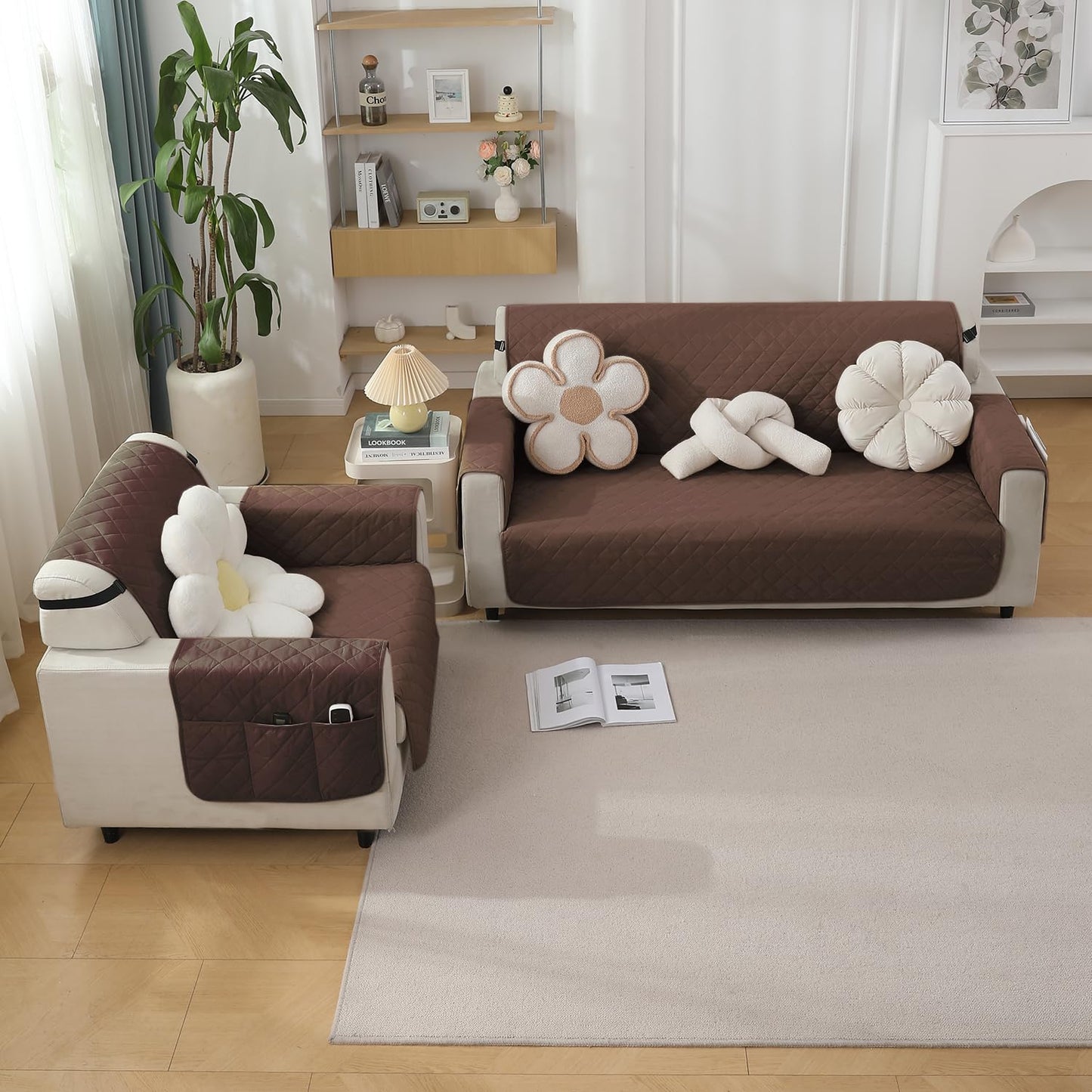 Quilted Waterproof Sofa Cover Mat with Pockets on Armrest Cover - Brown