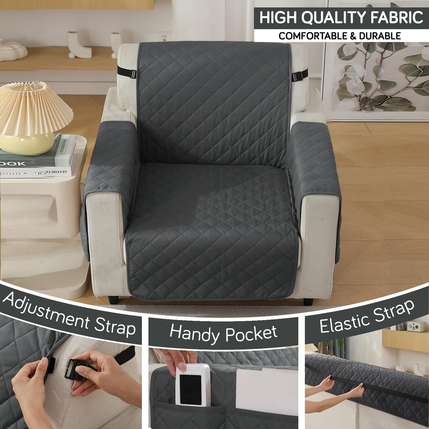 Quilted Waterproof Sofa Cover Mat with Pockets on Armrest Cover - Grey