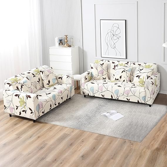 Elastic Stretchable Printed Sofa Cover, Beige Brown Leaves