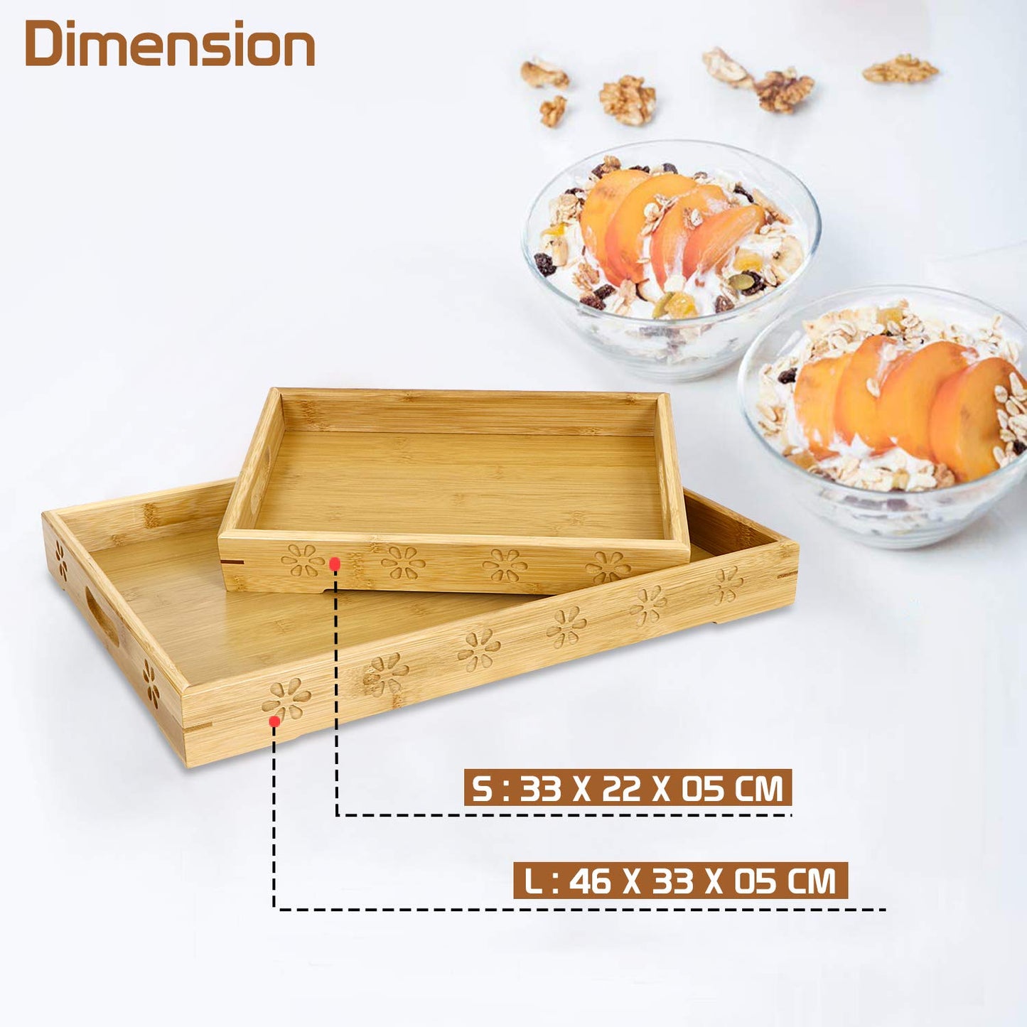 Wooden Bamboo Dining Kitchen Serving Tray with Handles, Set of 2