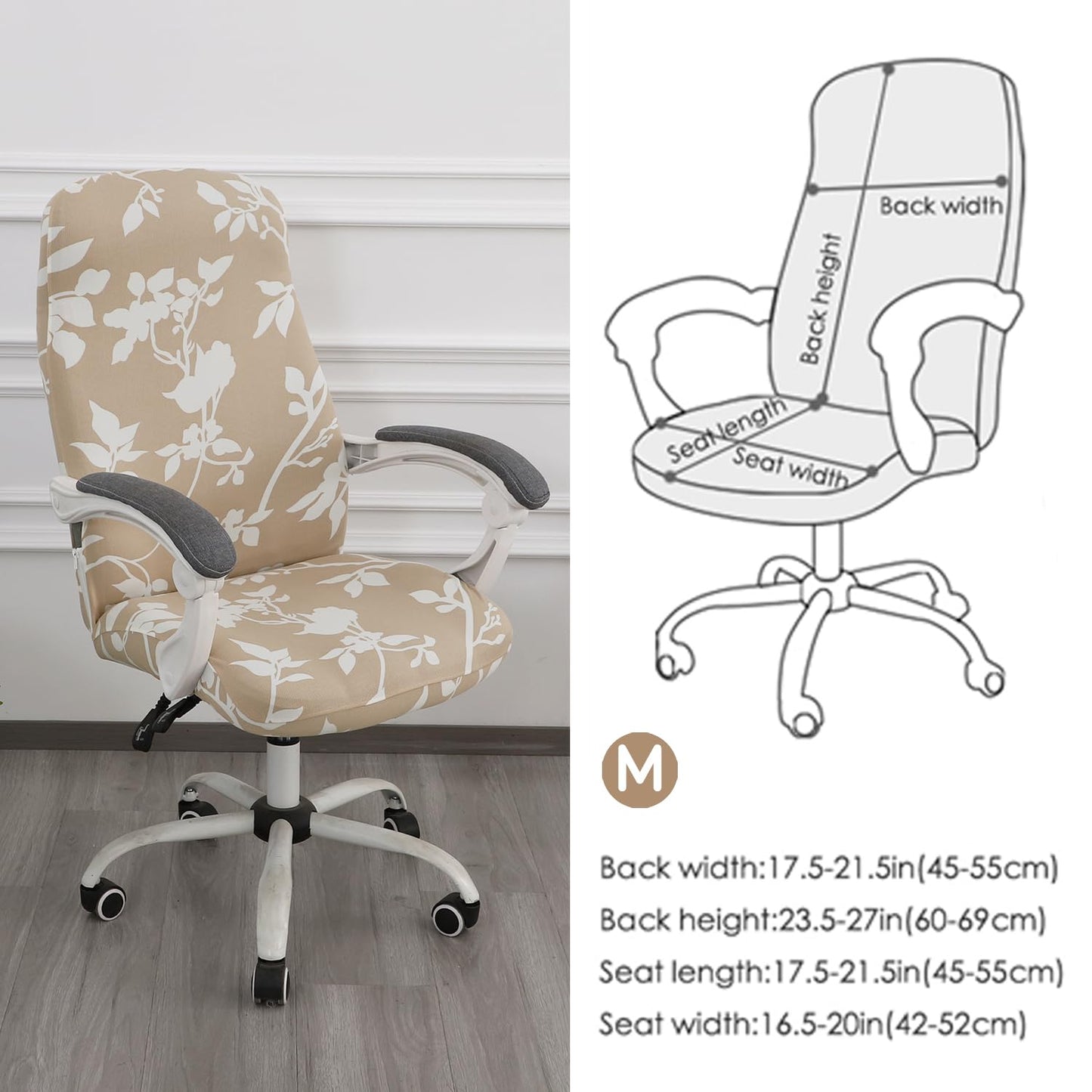 HOKIPO 140gsm Stretchable Office Chair Cover, Buff Brown Sillehoute Floral - Medium / Large
