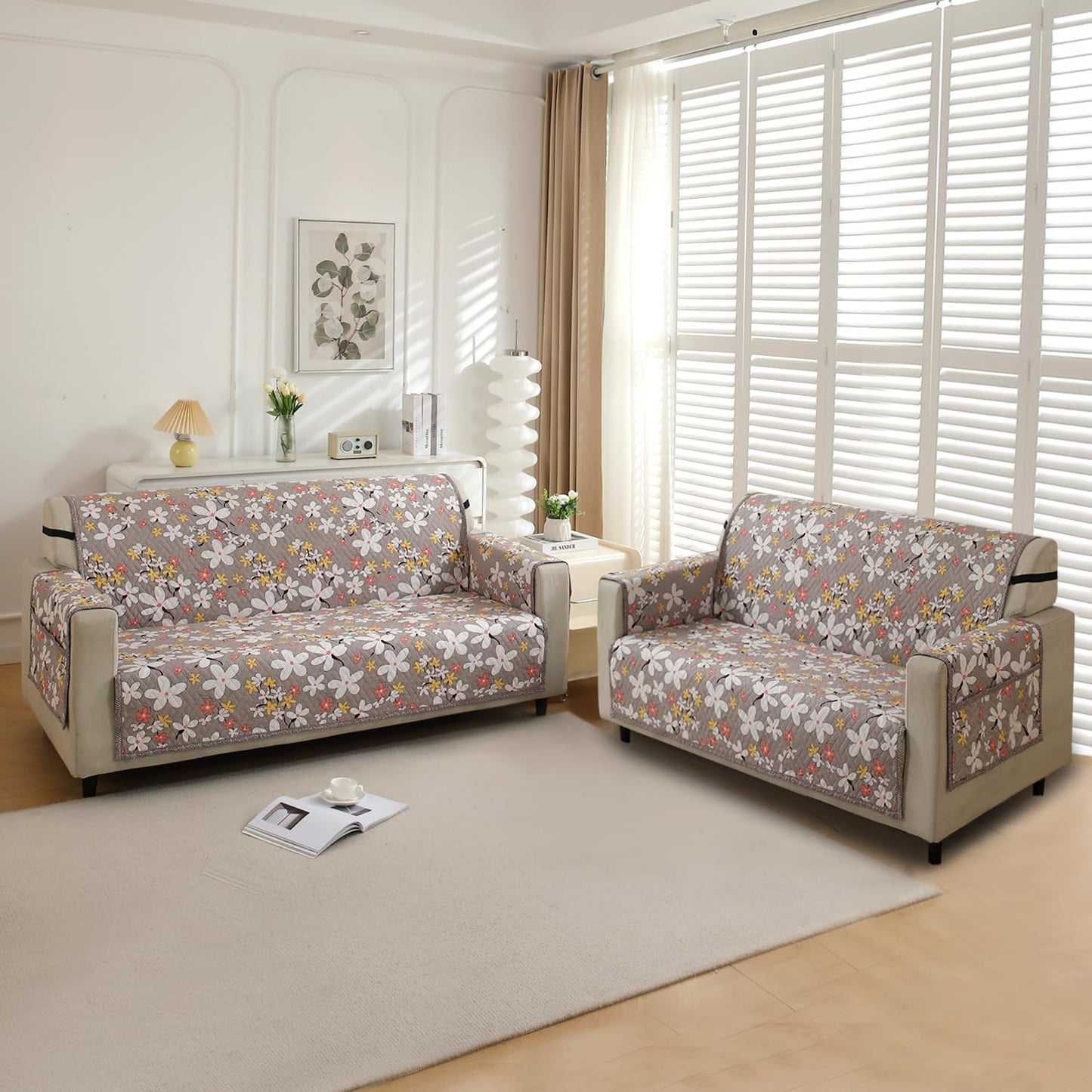 Pastel Brown Sandwort Flower Printed quilted 5 seater sofa cover