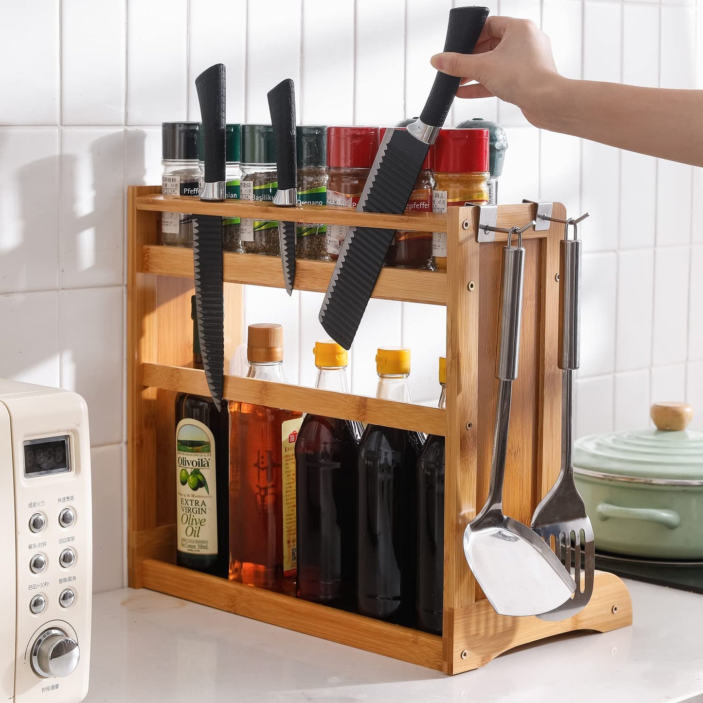 Bamboo 2 Tier Spice Rack Organizer For Kitchen Platform Countertop, Tabletop, Hanging Rack Storage Shelf Stand, Tiered Shelf