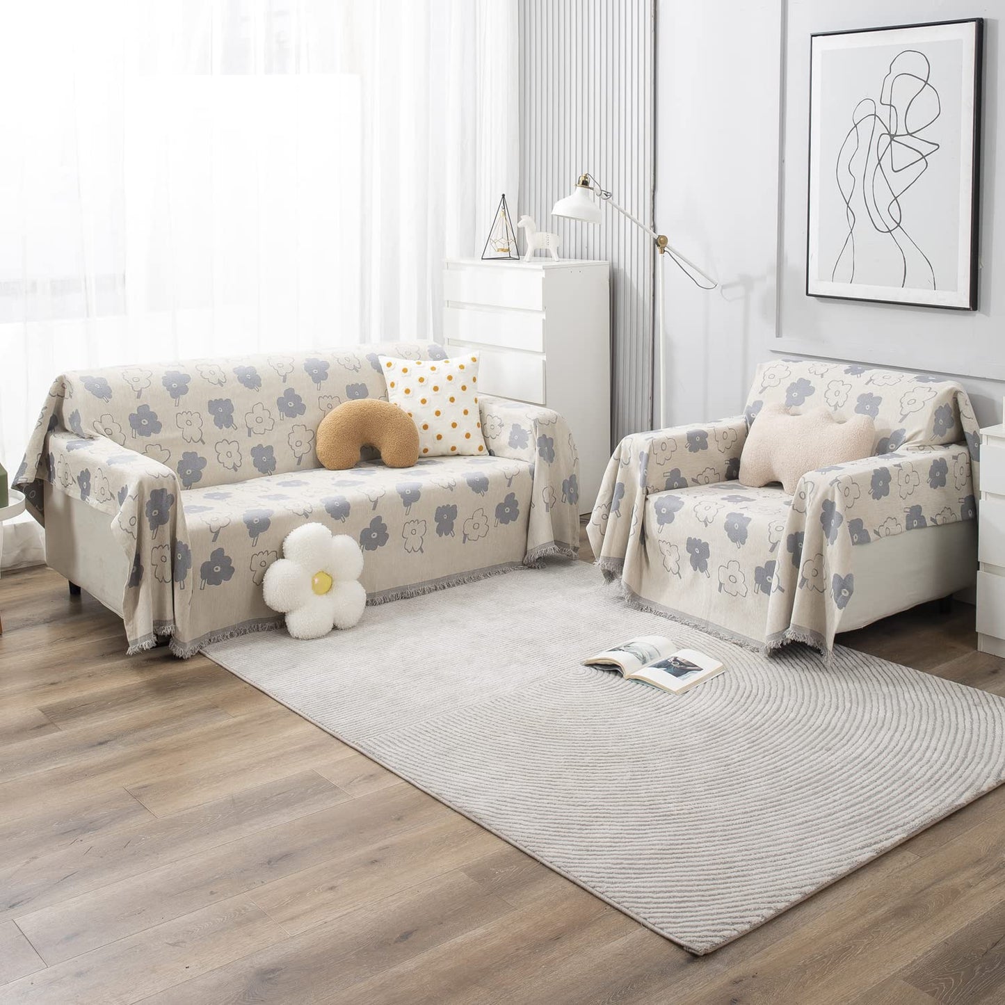 Buy 3+1 seater off white floral print colour chenille sofa throw set