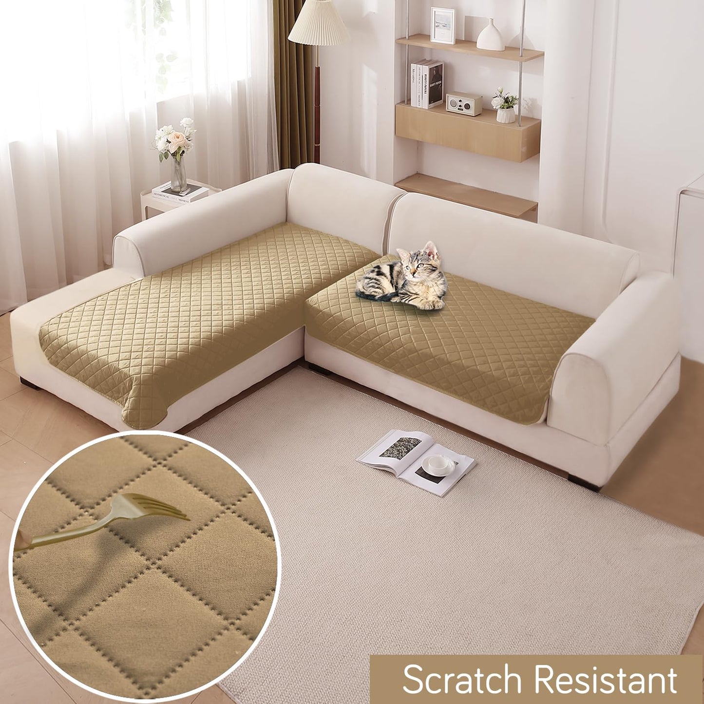 HOKIPO Waterproof Quilted Quick Dry L Shape Sofa Seat Cover Mat, Camel