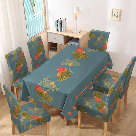Polyester Dining Chair Covers Set of 4/6 with Matching Tablecloth, Ginkgo Blue Storm