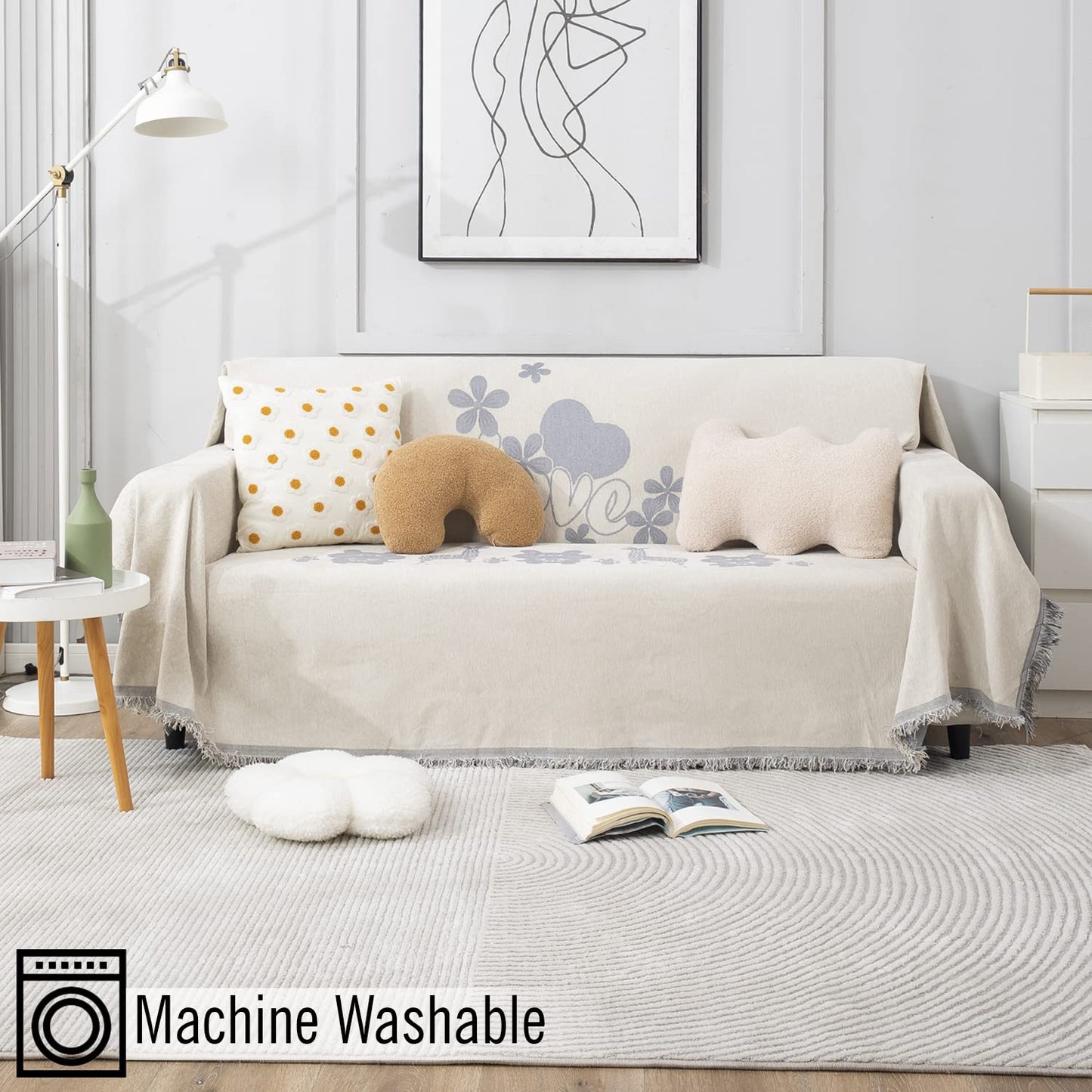 Off-White Nature, Soft and Pet Friendly Chenille Sofa Throw Cover