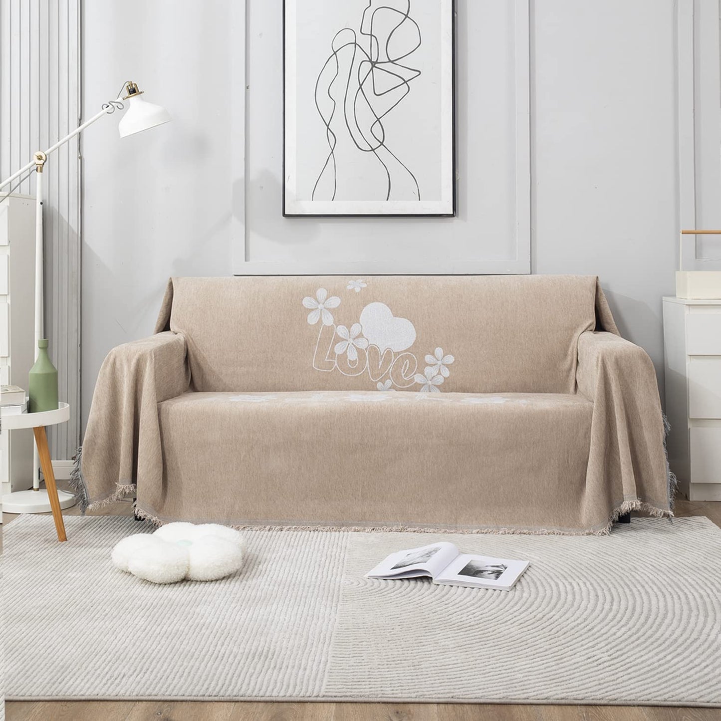 Beige Nature, Soft and Pet Friendly Chenille Sofa Cover Throw