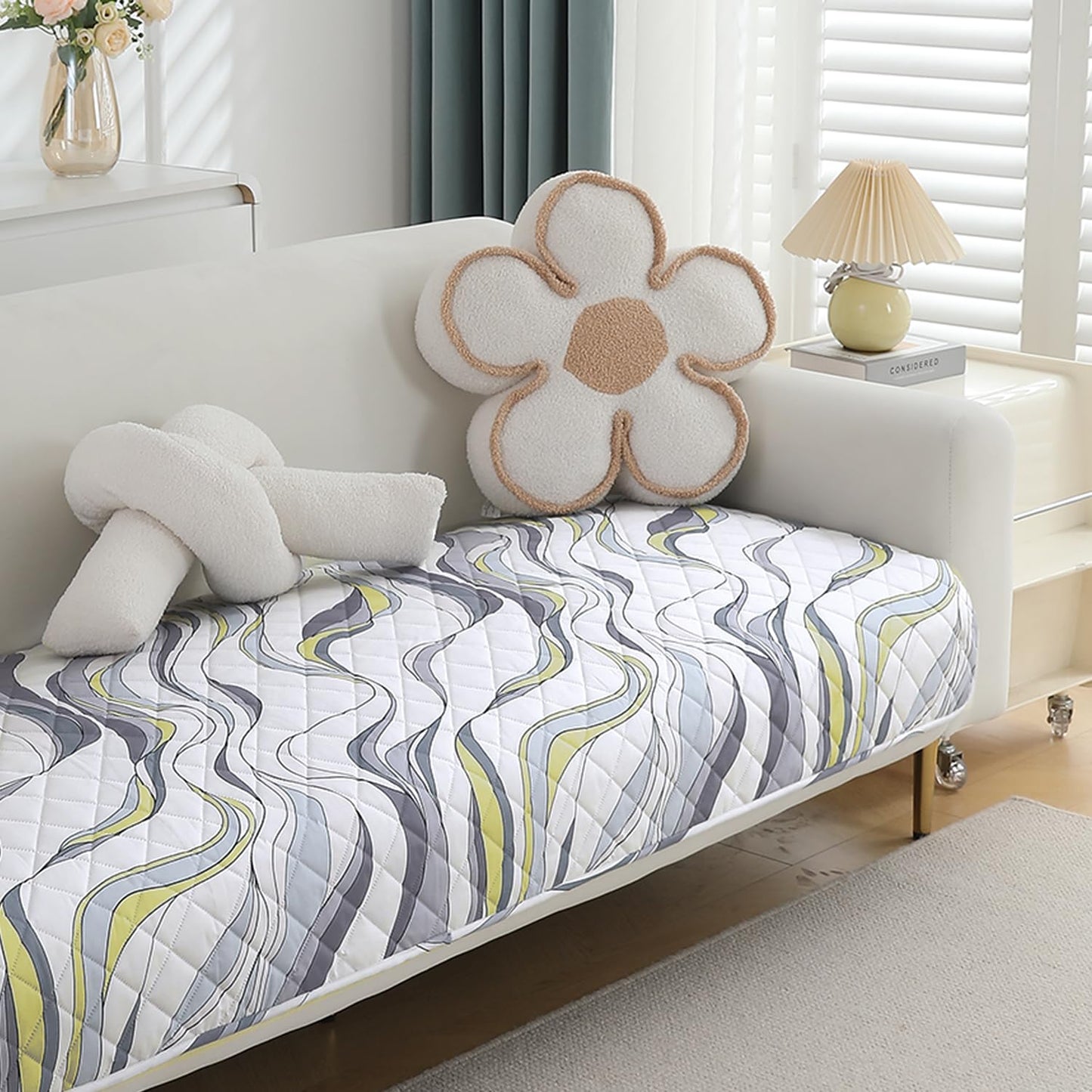 Quilted, Waterproof and Anti-Slip Sofa Cover Mat, Curved Lines Pearl White
