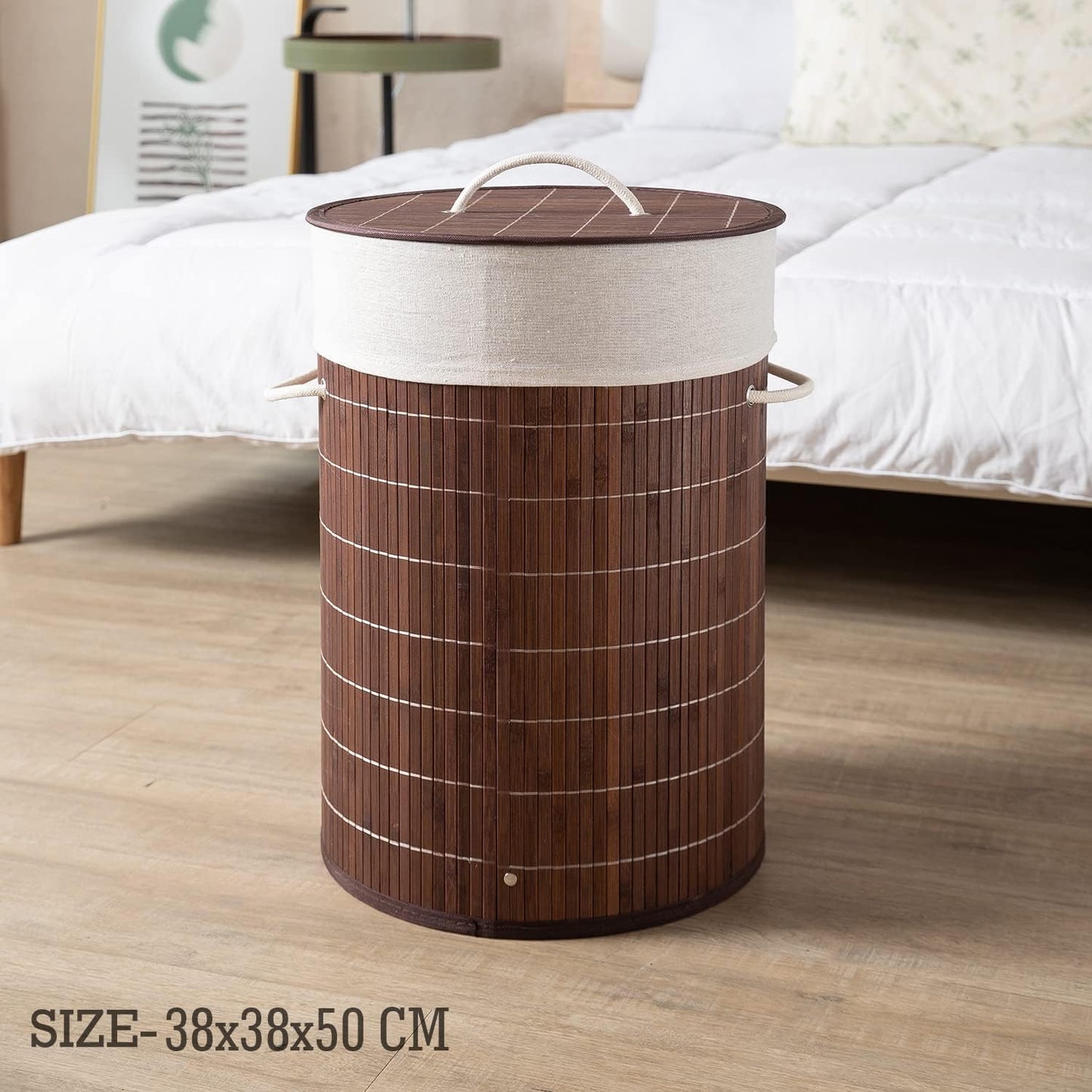 Eco-Friendly Foldable Bamboo Laundry Basket Hamper with Lid, Large - 57 Liter, Coffee Brown