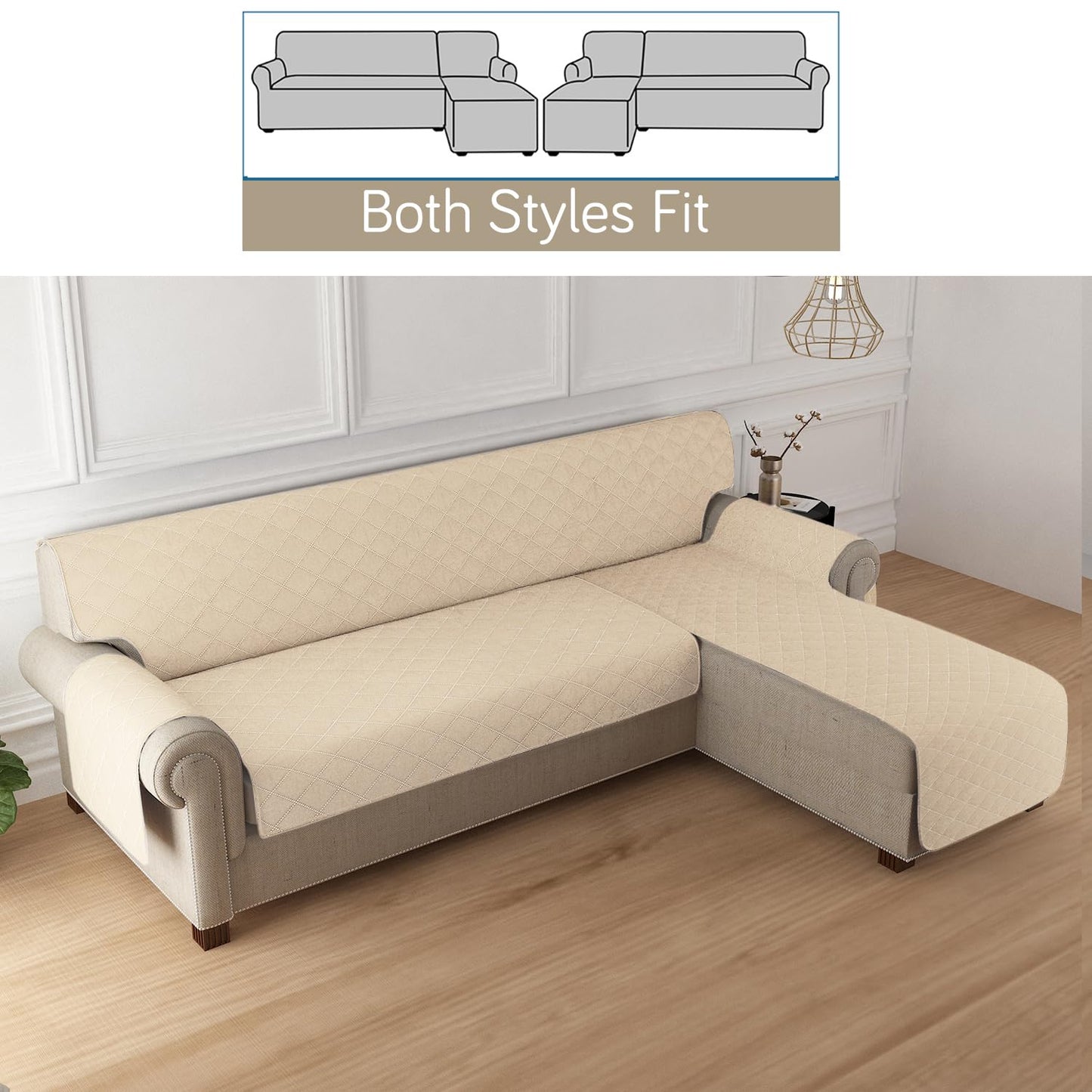 HOKIPO Quilted Reversible One Piece L Shape 4/5/6 Seater Sofa Cover Mat, Beige