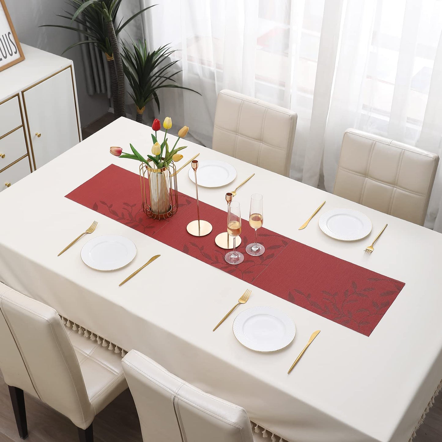 PVC Table Runner Dinner and Coffee Table, 30x135 cm, Red Leaves
