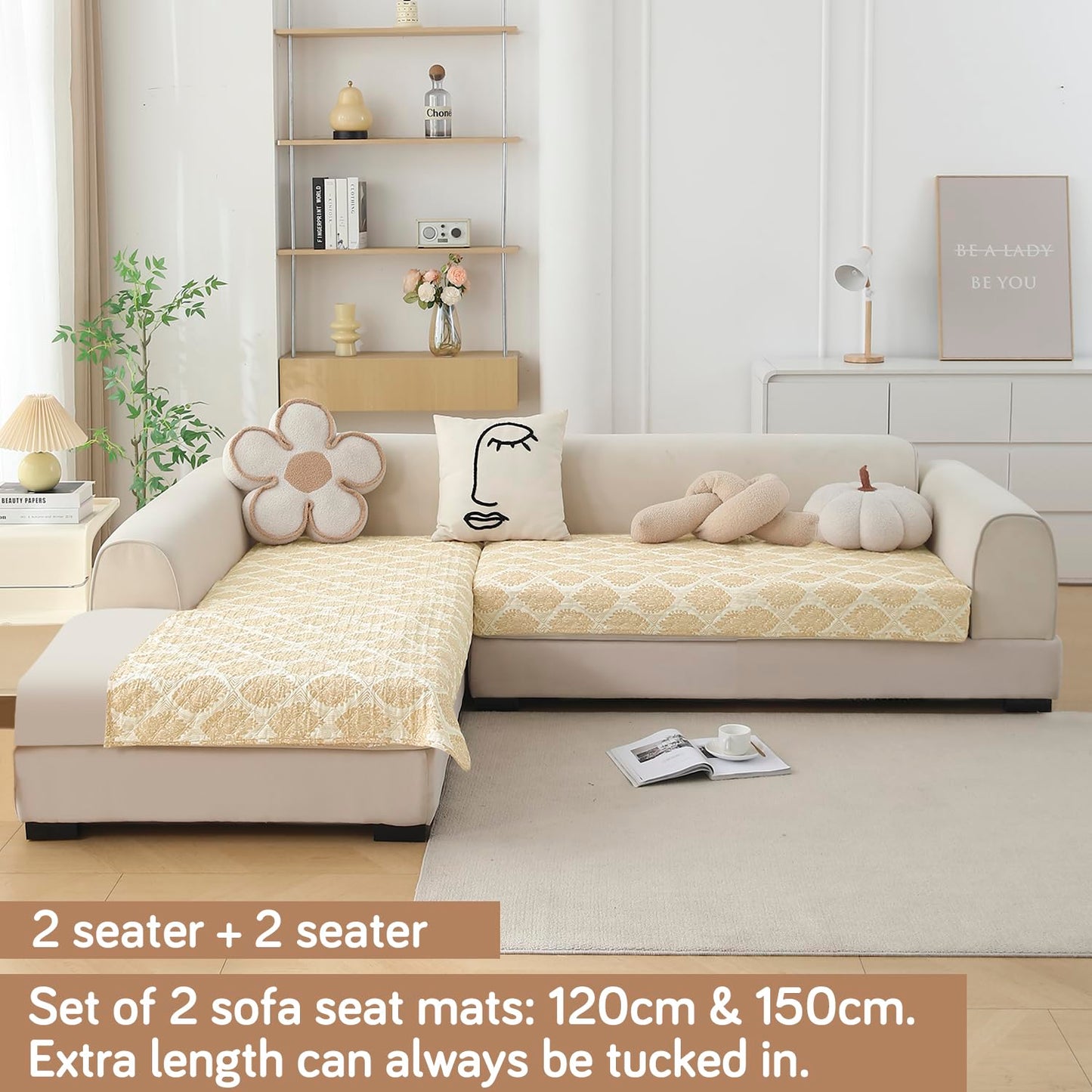 Quilted Printed L Shape Sofa Cover Mat for 2+2/3+2/3+3 Seater, Ogee Ivory