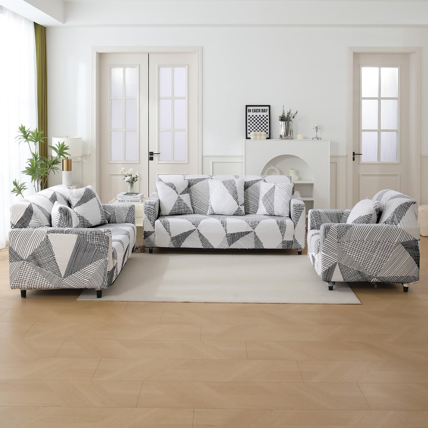 HOKIPO Stretchable Pack of 2 Cushion Cover 16x16 inch, Snow White Black Geometry