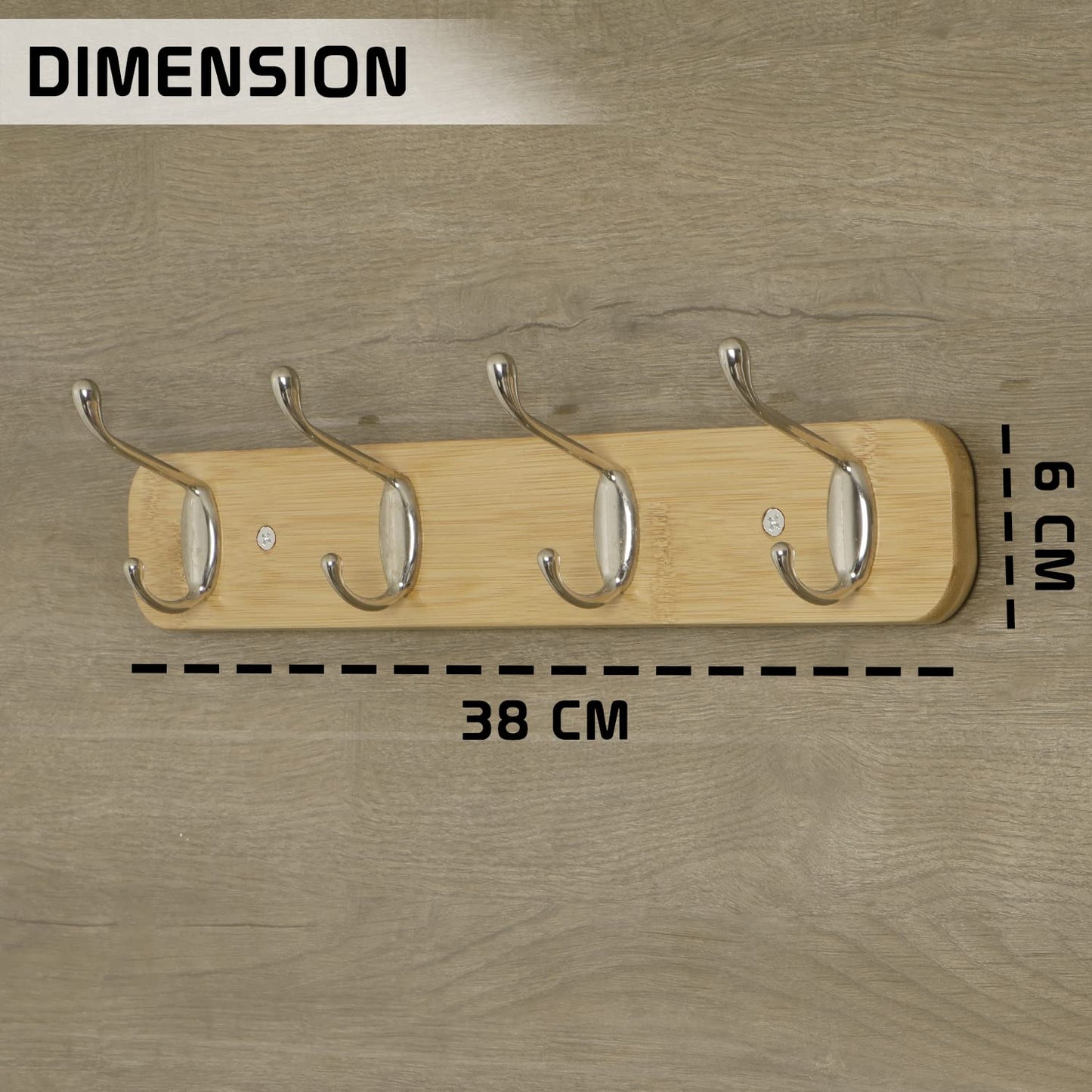 Bamboo Wooden Wall Mounted Hook Rail for Hanging Clothes - 3/4/5 Hooks Rail