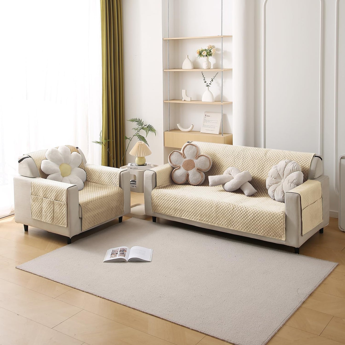 Quilted Velvet Sofa Cover Mat with Side Pockets, Pet Friendly, Natural Beige