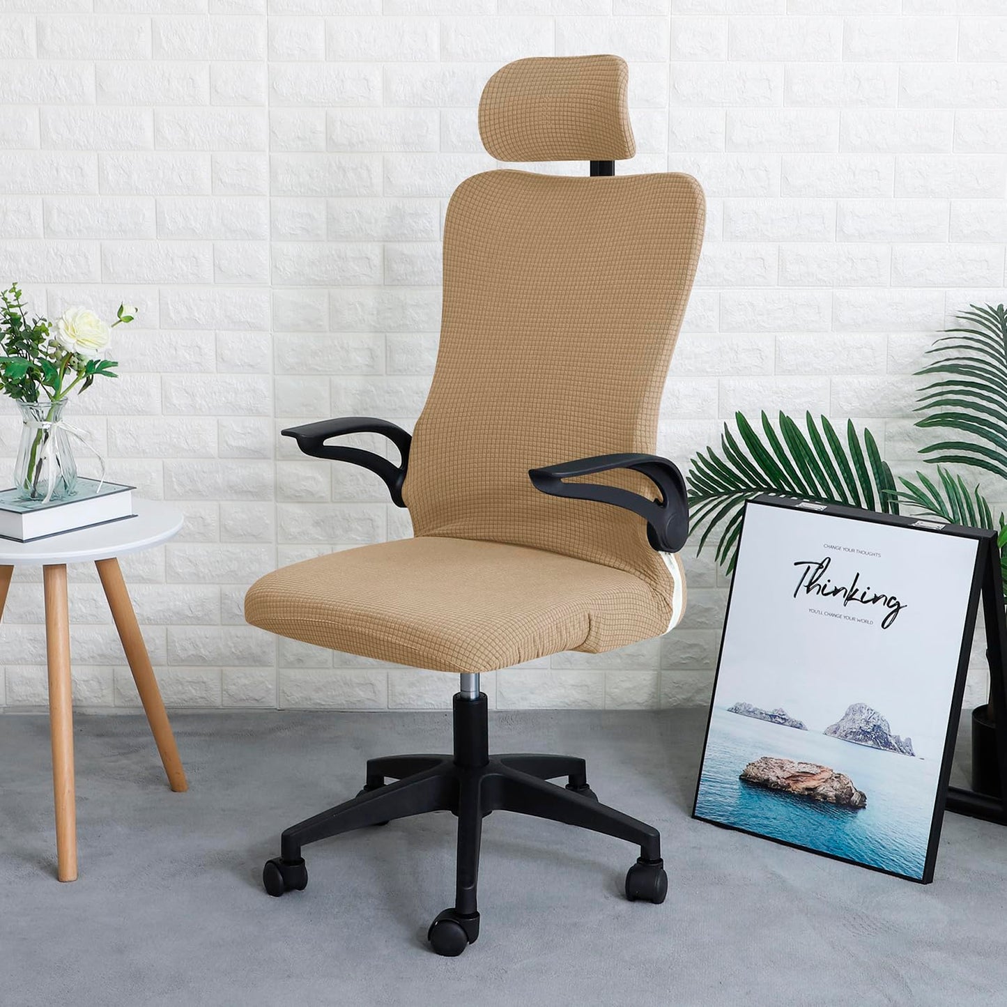 Stretchable Jacquard Office Boss Chair Seat Cover with Headrest Cover for Computer Desk Chair, Light Brown
