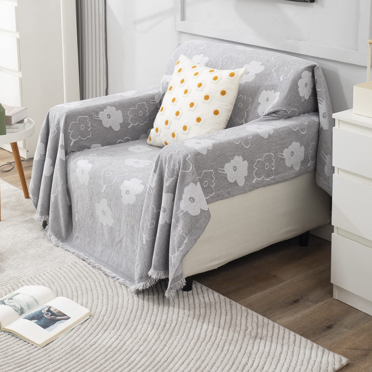 Grey Floral Chenille Sofa Throw | Thick & Soft for 1/2/3 Seater