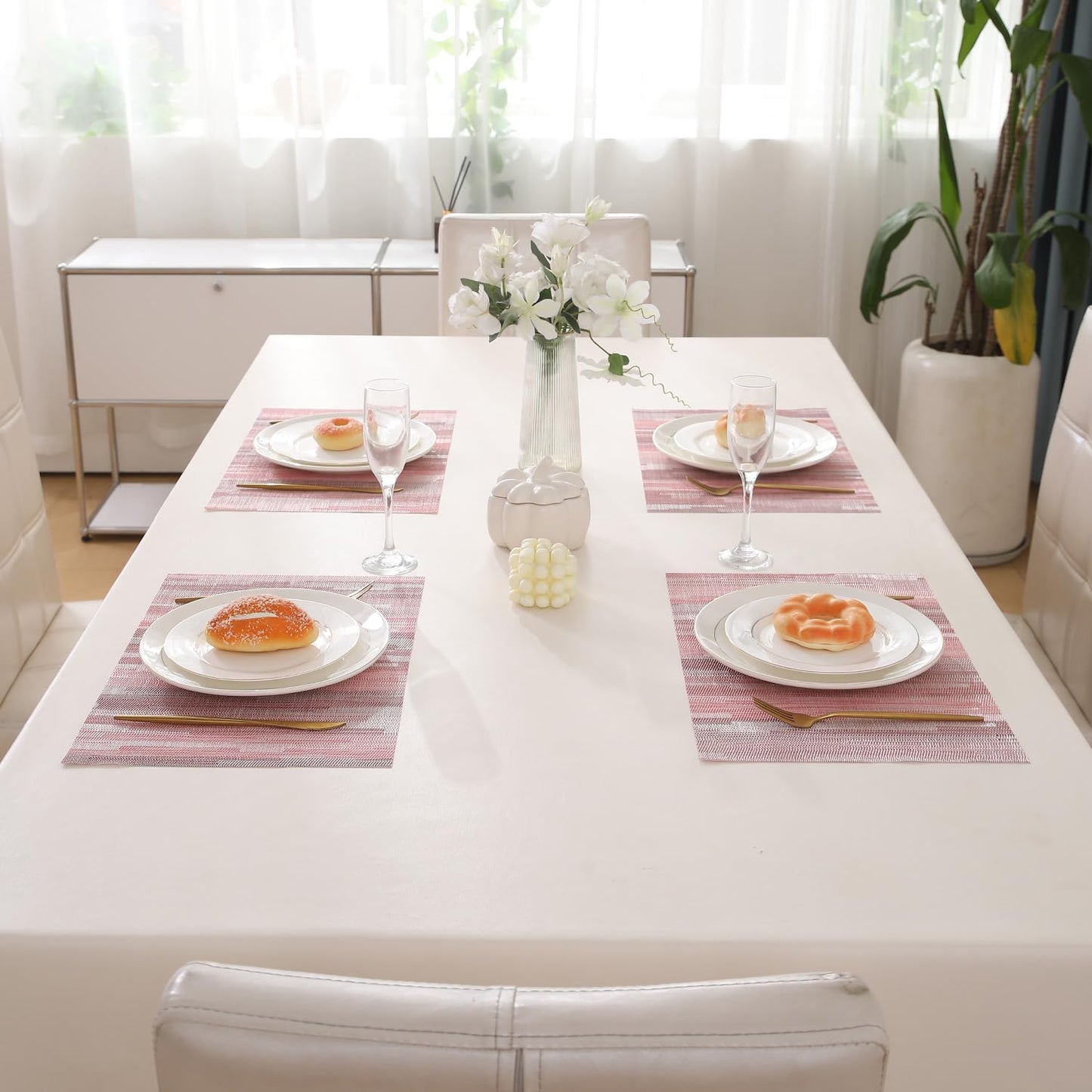 HOKIPO PVC Dining Table Mats and Runner Set of 4/6, Rosemilk Essence Vertical Lines