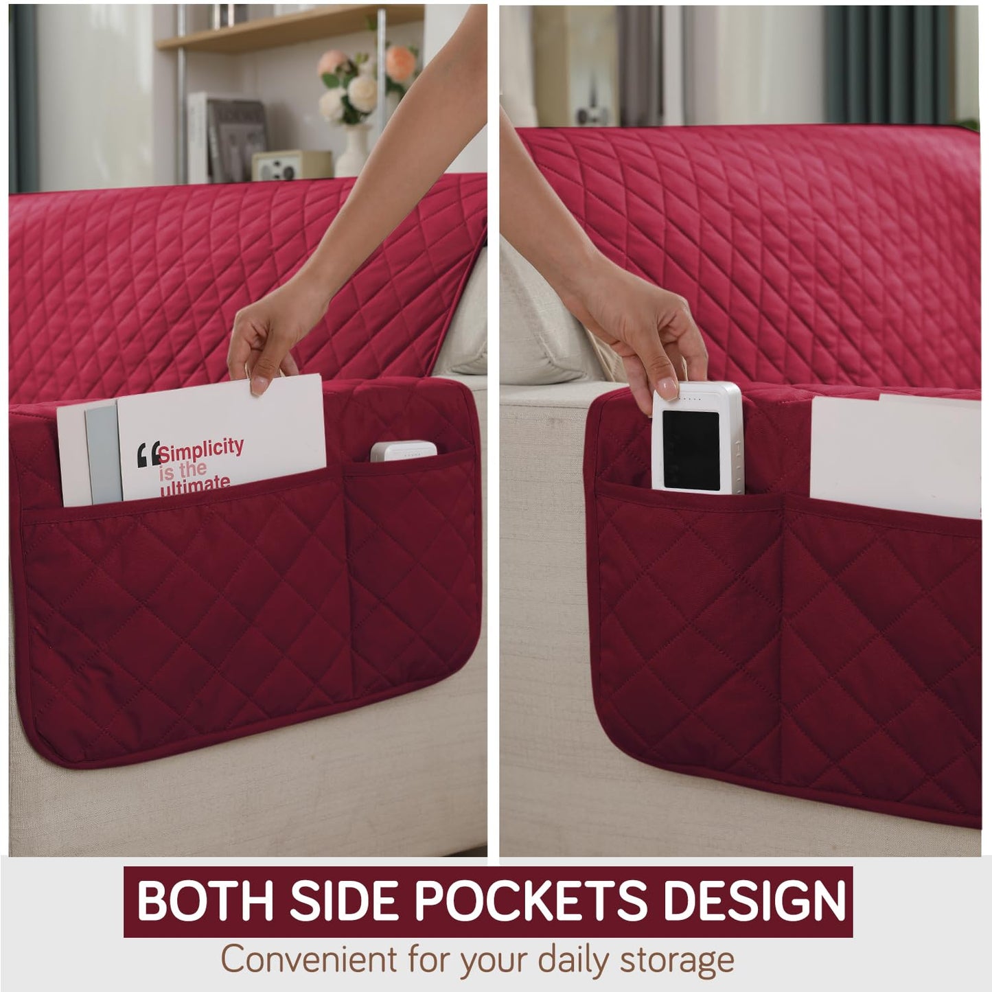 Quilted Waterproof Sofa Cover Mat with Pockets on Armrest Cover - Maroon