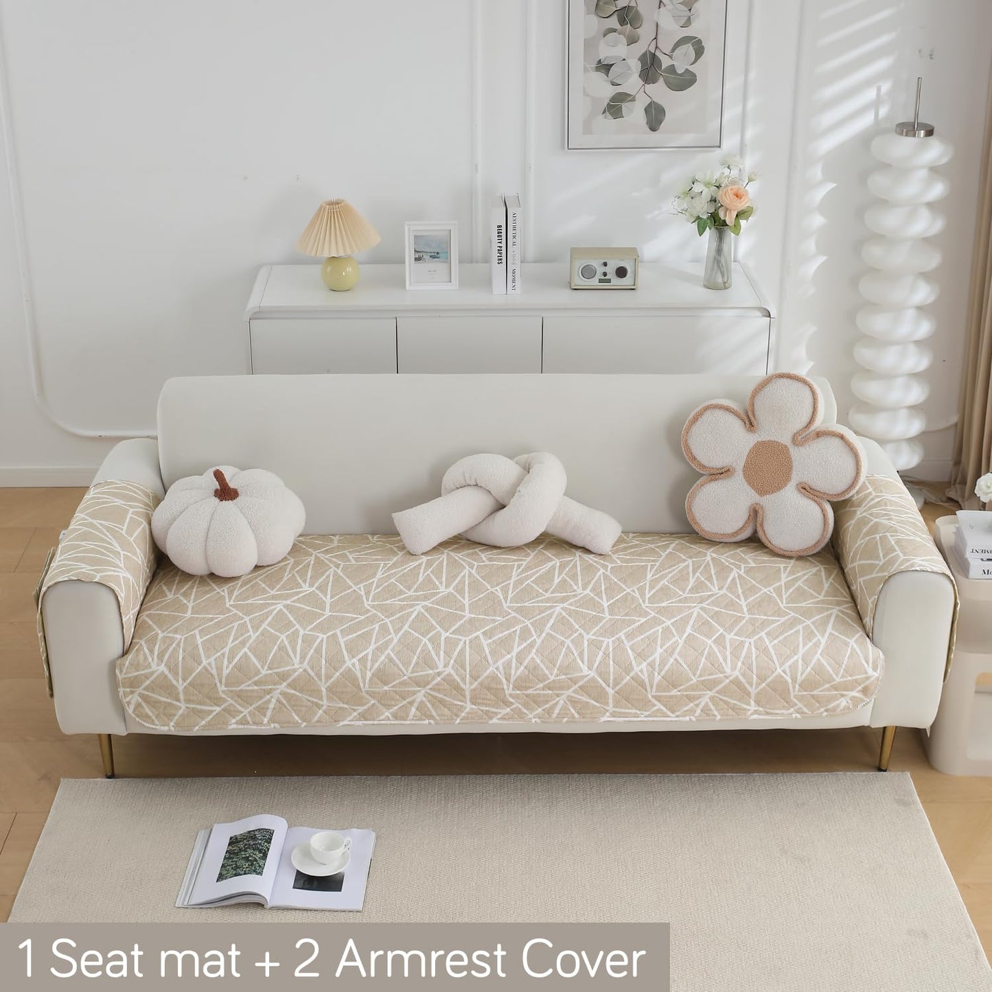Waterproof Quilted Sofa Seat Mat for 1/2/3 Seater with 2 Armrest Covers with Pockets, Beige Abstract Geometry