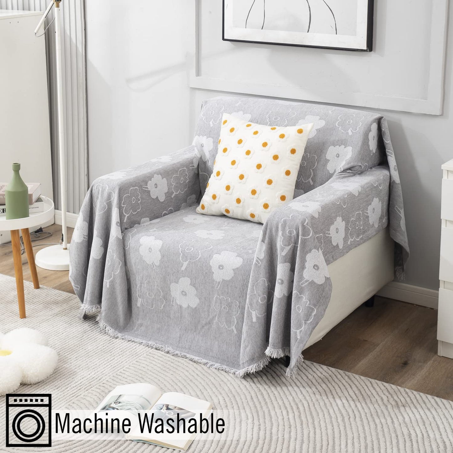 Grey Floral Chenille Sofa Throw | Thick & Soft for 1/2/3 Seater