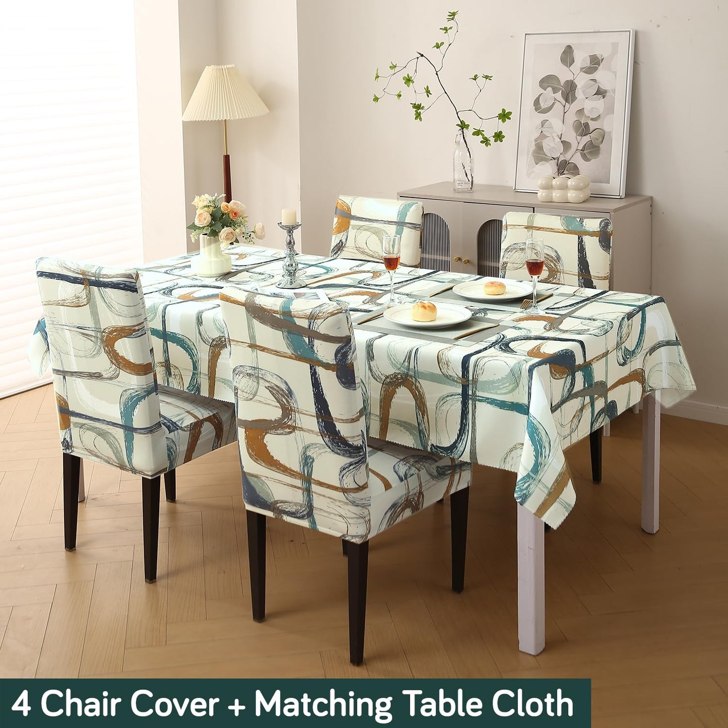 Elastic Dining Chair Covers with Matching Tablecloth, Parchement Beige Abstract Art