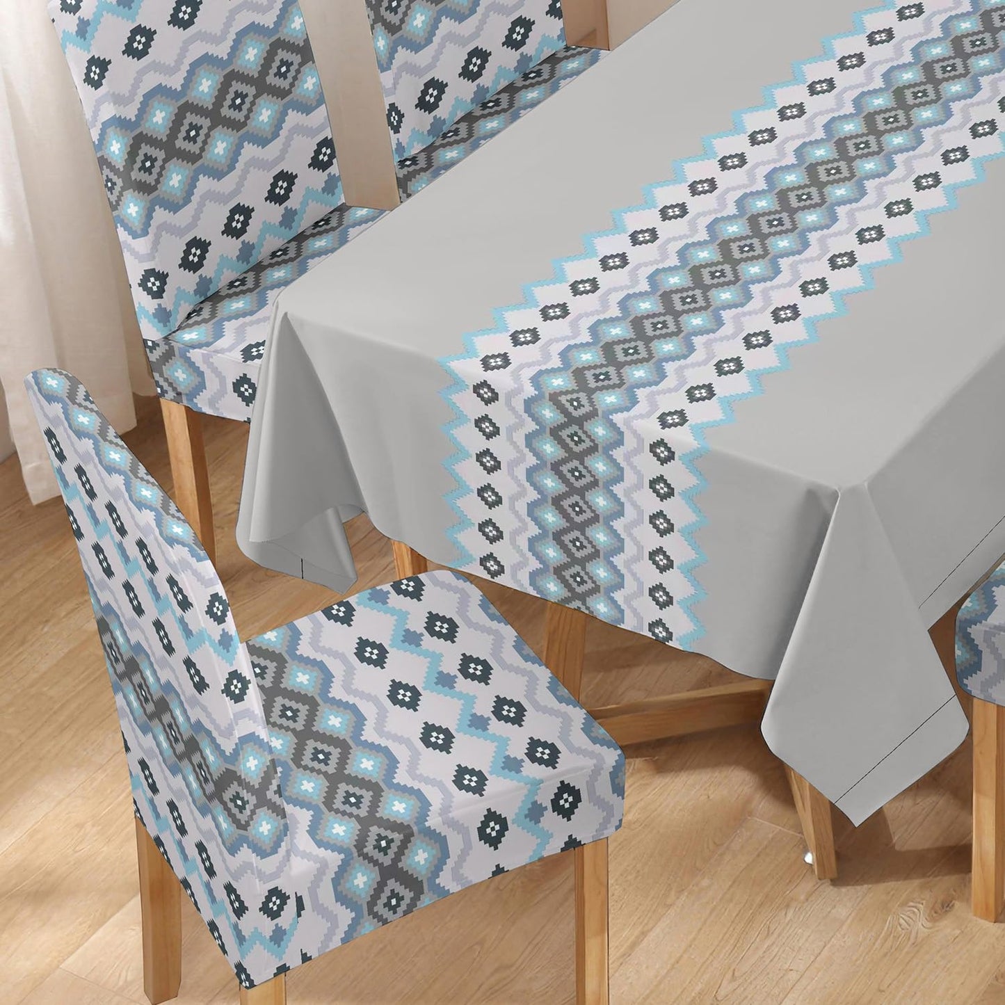 HOKIPO Polyester Dining Chair Covers Set of 4/6 with Matching Tablecloth, Mosaic Blissful Blue