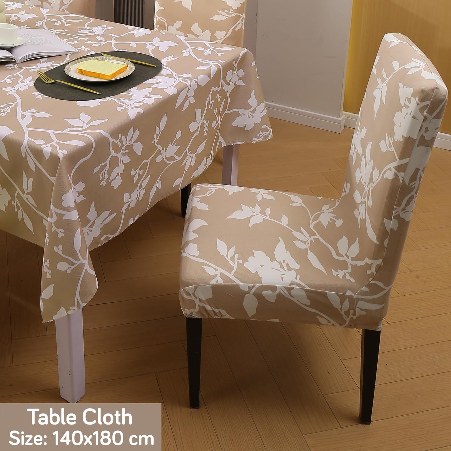 Elastic Dining Chair Covers with Matching Tablecloth, Buff Brown Sillehoute Floral