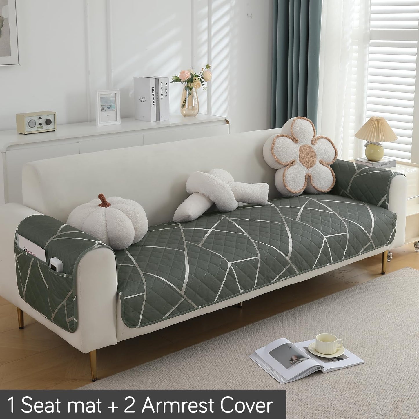 HOKIPO Quilted Waterproof Sofa Seat Mat with 2 Armrest Covers with Pockets, Abstract Geometric Shadow Grey