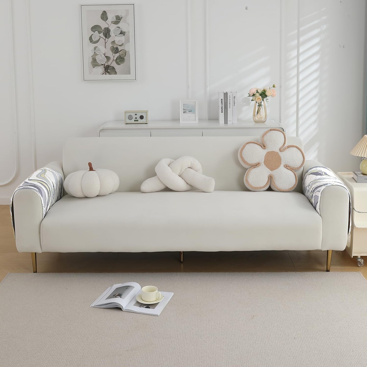 Quilted, Waterproof and Anti-Slip Sofa Cover Mat, Curved Lines Pearl White