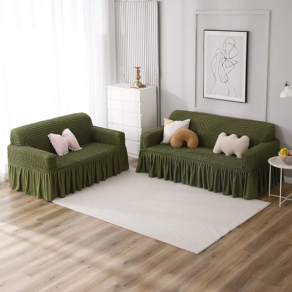 Forest Green Elastic stretchable Turkish Bubble frill sofa cover for 3 2 seater sofa