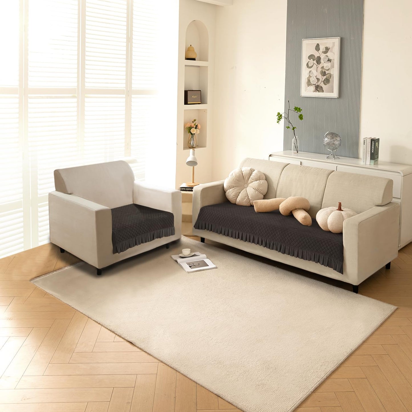 Holland Velvet Sofa Cover Seat Mat with Frill for 1/2/3 - Seater, Dark Grey